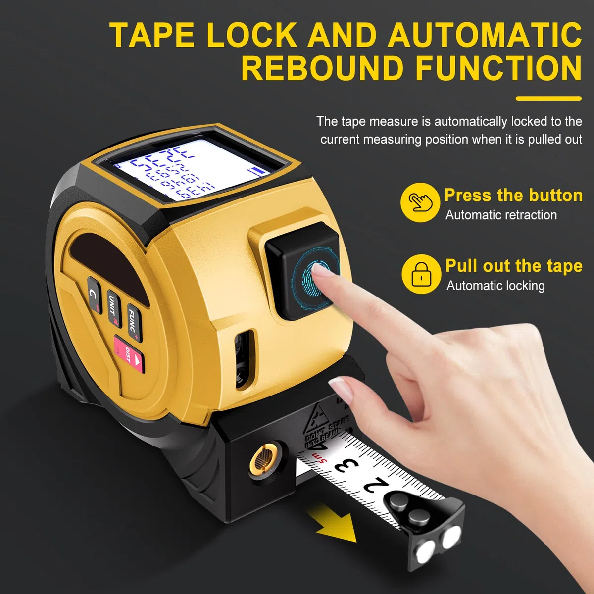 Metro a Nastro Laser, 60m Misuratore Laser e 5m Metro a Nastro, Memoria Per 20 Misurazioni, Unità Ft/In/M, per Misurazione di Distanza, Area e Volume