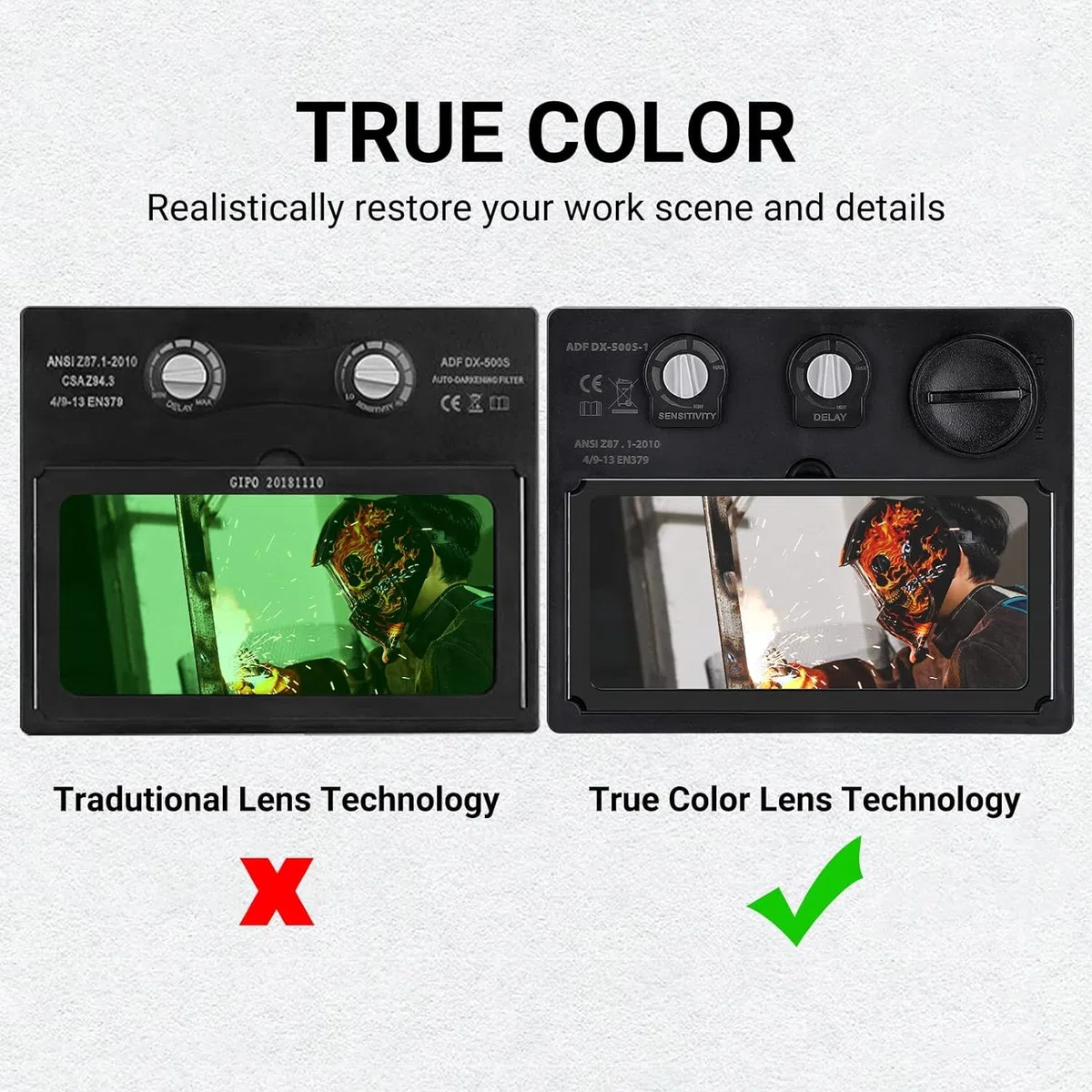 DEKO Maschera saldatore Casco oscurante autoalimentato solare con gamma di ombre regolabili 4/9-13 per Mig Tig Maschera per saldatore ad arco Scudo a forma di teschio fiammeggiante