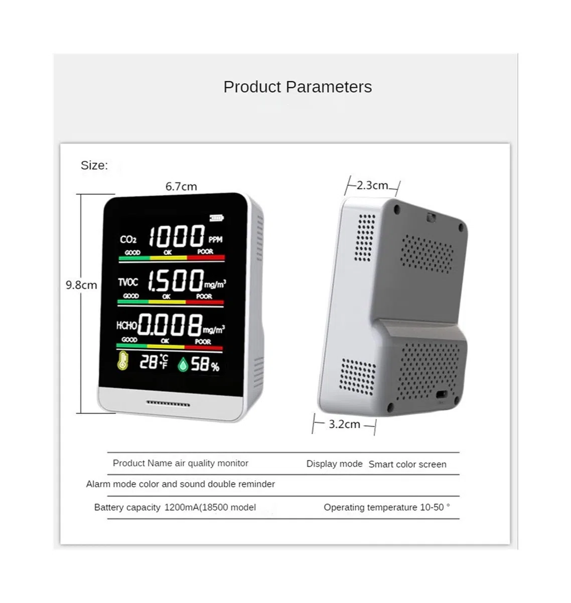 Rilevatore Gas, Rilevatore di CO2 5 in 1 Rilevatore di qualità dell'aria Rilevatore di anidride carbonica Tester di umidità della temperatura digitale portatile Misuratore di CO2 HCHO TVOC,per casa u