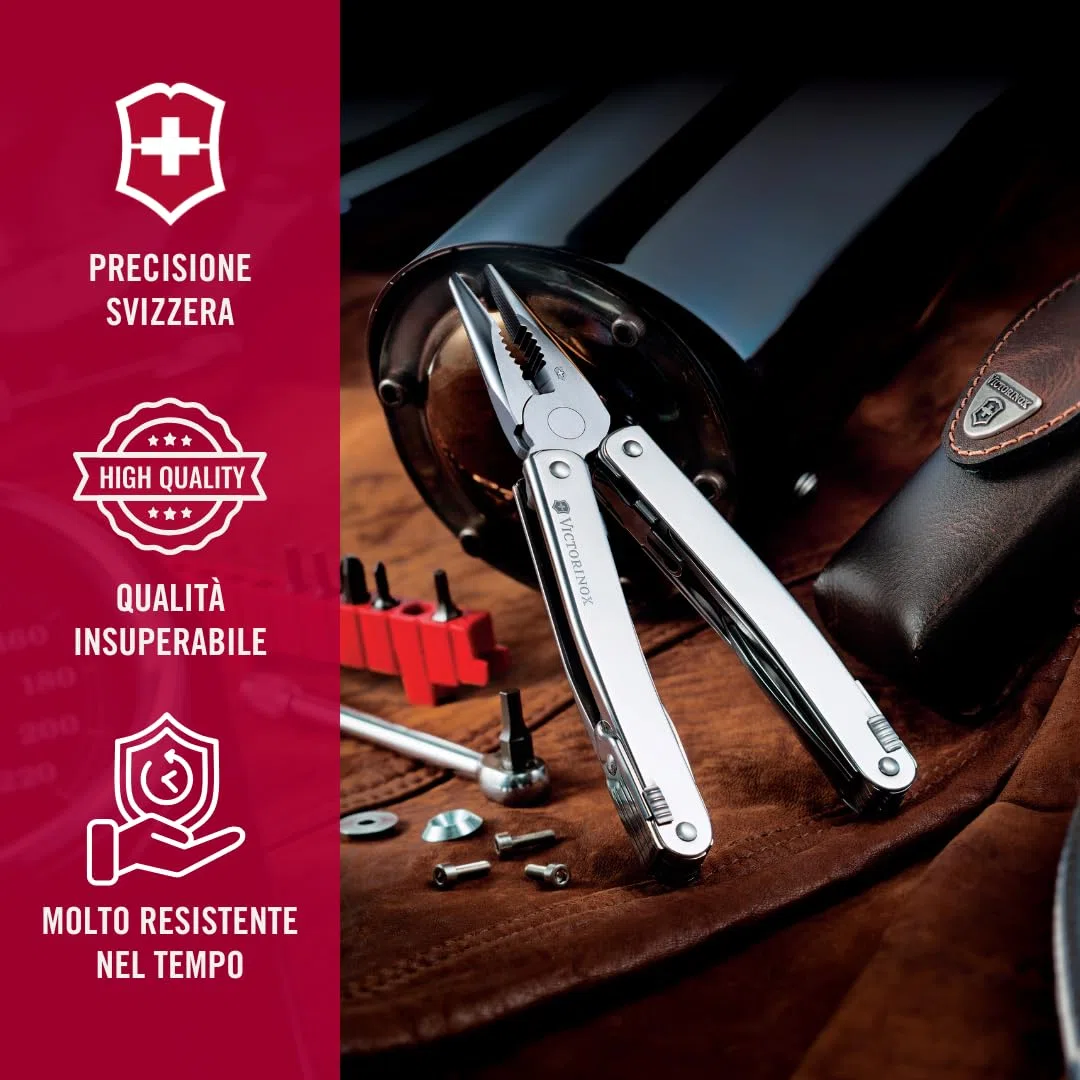 Victorinox Multi-strumento Swiss Tool Spirit X, 24 Funzioni, Multiuso con Lama Bloccabile e Pinze a Punta Lunga, incl. Fodero in Nylon, Argento