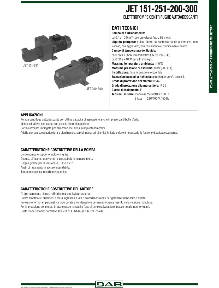 DAB JET 151 M - 1,5 HP IE2 Pompa autoadescante monofase per uso idrico abitazione agricoltura giardino industria