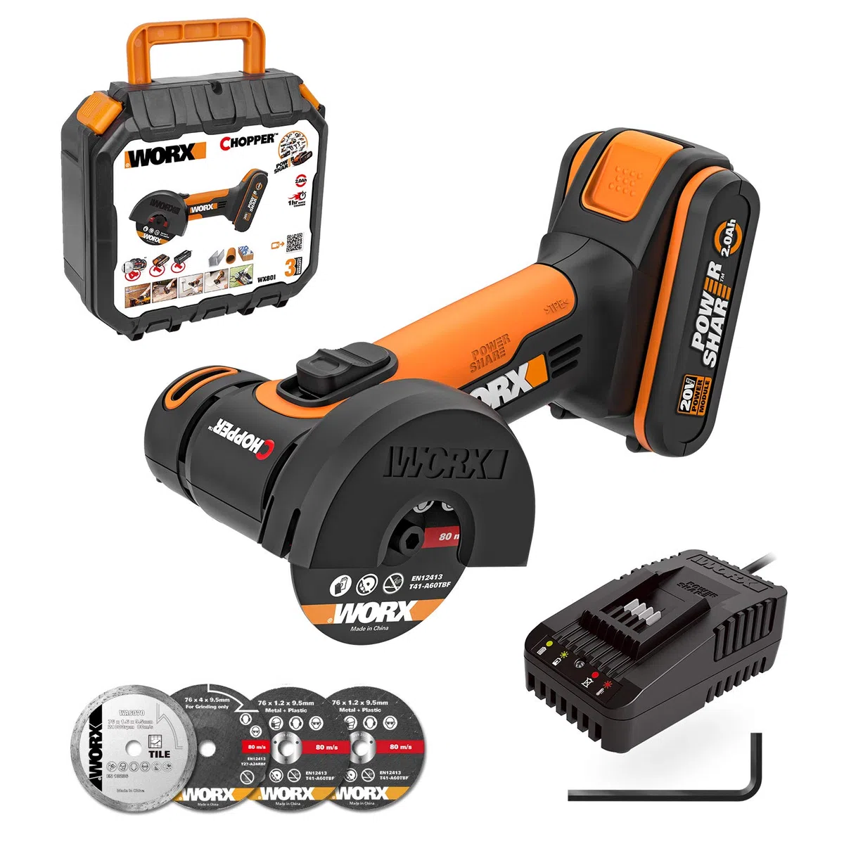 Smerigliatrice Angolare Professionale, 18V (20V MAX) WORX Mini Smerigliatrice Angolare 76mm 19500RPM, 1 Batteria da 2Ah, 3 Dischi da Taglio, 1 Disco Abrasivo, 1 Coperchio Protettivo, WX801