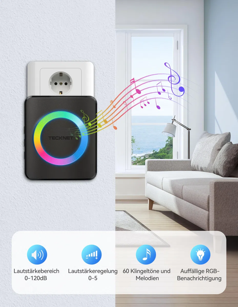 TECKNET Campanello Senza Fili Impermeabile IP65(1 Trasmettitore e 3 Ricevitore), Portata 400M, 5 Livelli Volume 60 Melodie, RGB Campanello Wireless Esterno, Nero