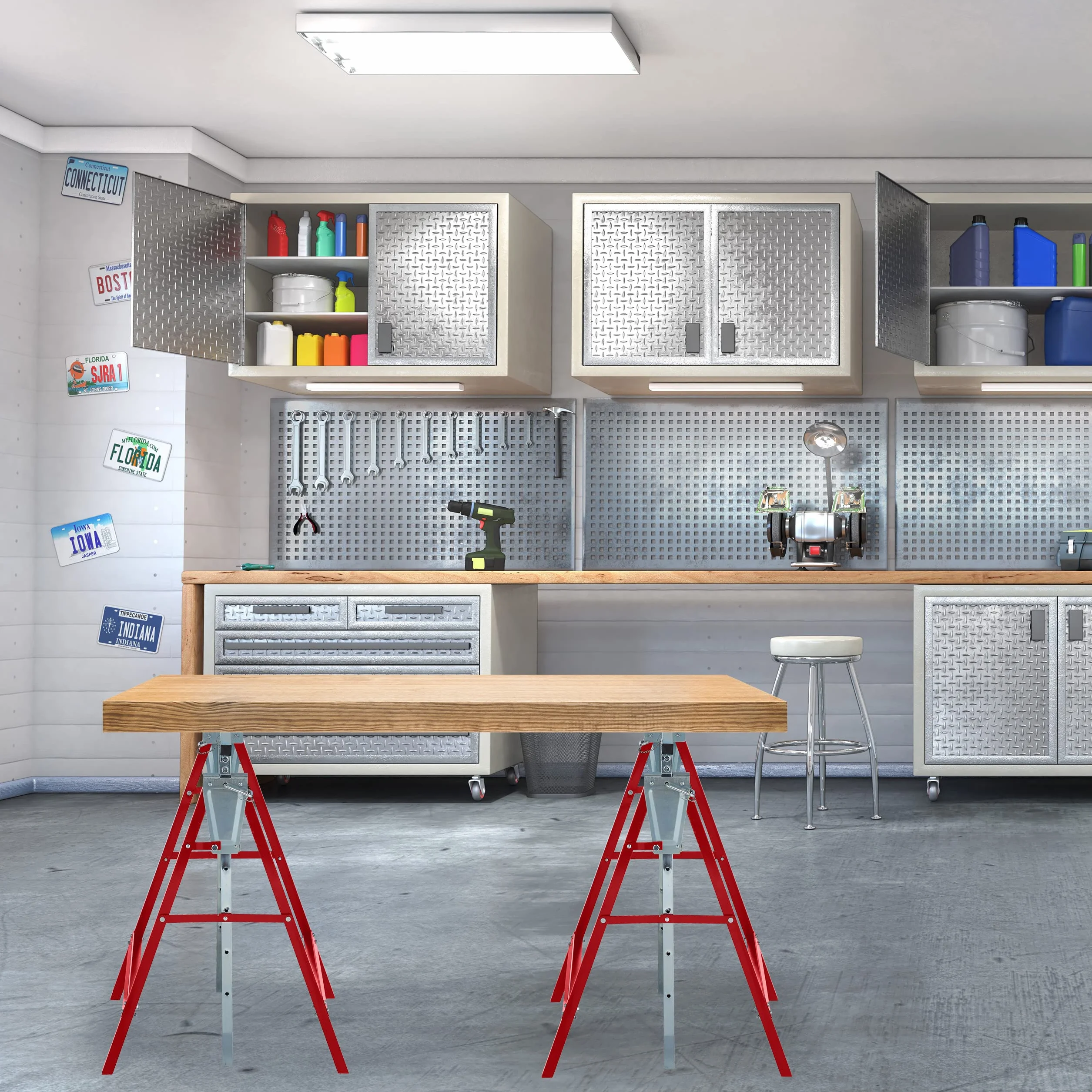 Relaxdays Set da 2 Cavalletti da Lavoro, 7 Altezze, Carico Max. 200kg, Pieghevoli, da Officina, Acciaio, Rosso Argentato