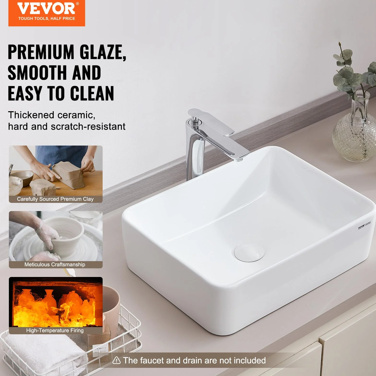VEVOR Lavandino da Appoggio Rettangolare, 38 x 47 cm per il Bagno, Lavabo da Appoggio in Ceramica Bianca Sopra il Piano, Stile Moderno, Luminoso ed Elegante, per Bagno, Hotel, Toilette, Camper