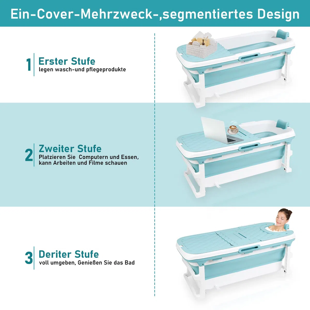 Fiqops Vasca da bagno pieghevole per adulti, XXL, 149 x 60 x 50 cm, pieghevole, con copertura per vasca da bagno, doccia e balcone