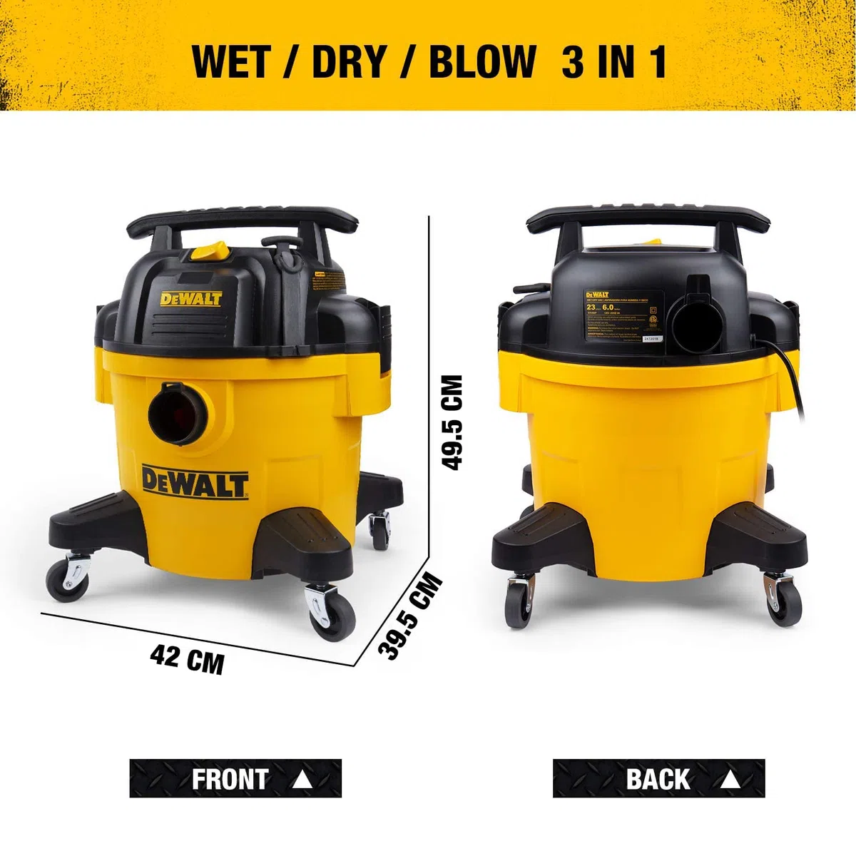 DeWALT EUDXV23P 23L - Aspirapolvere a umido e secco, in poli, 1150 W, 23 litri, colore: Giallo