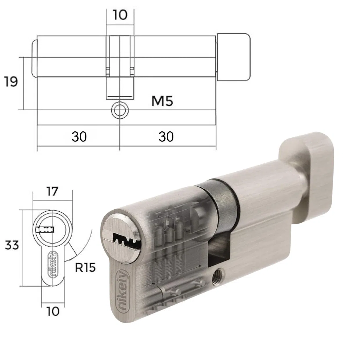 Set di 3 Cilindri con Pomello in Ottone 30/30mm con Chiave Unica, 15 Chiavi Incluse, 6 Viti, Serrature Universali per Porte e Garage, Lunghezza 60mm, Montaggio Facile