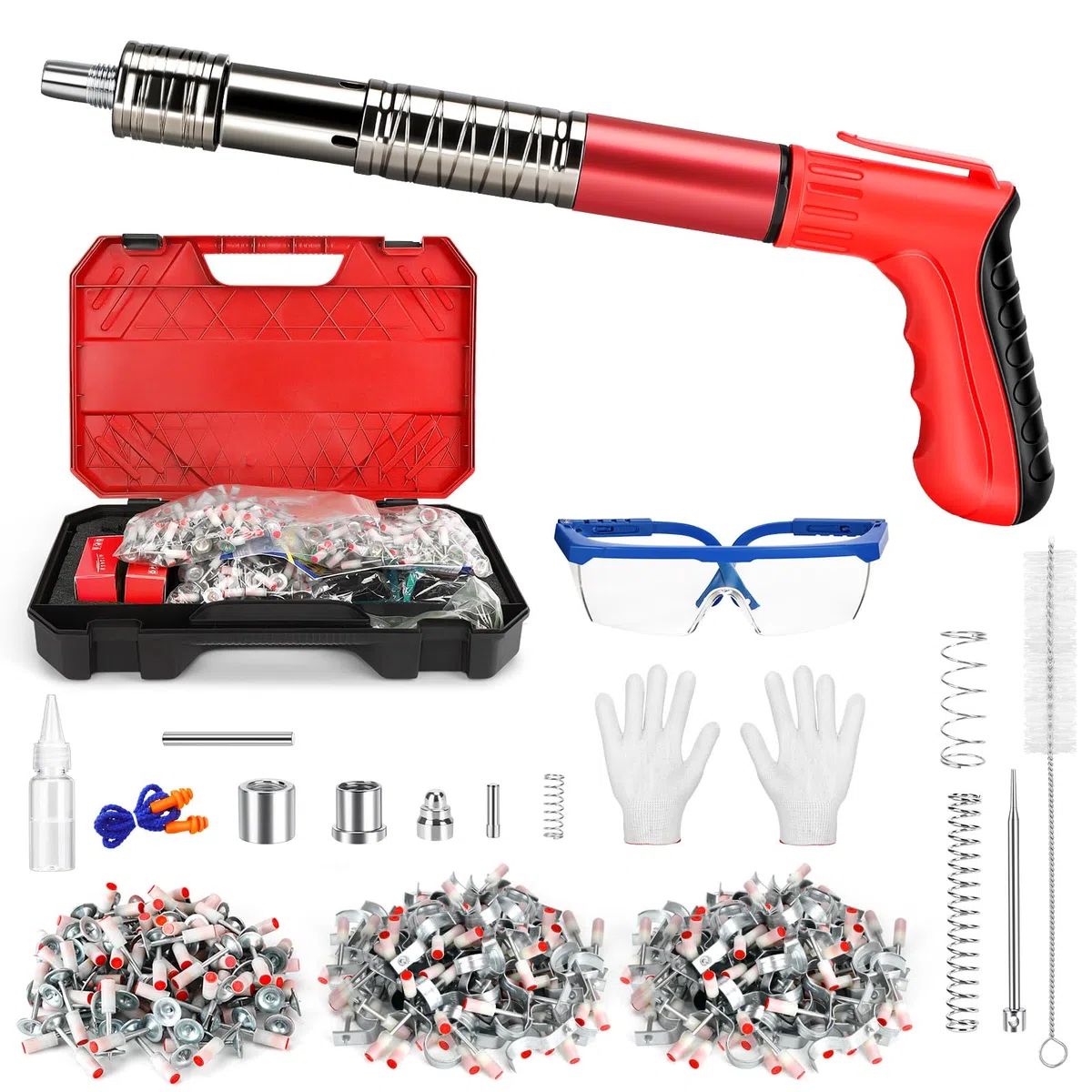 Pistola sparachiodi manuale, Pistola manuale a 5 velocità Pistola sparachiodi con 100 chiodi a testa tonda + 100 fascette per tubi,pistola sparachiodis portatile per calcestruzzo e acciaio, soffitto