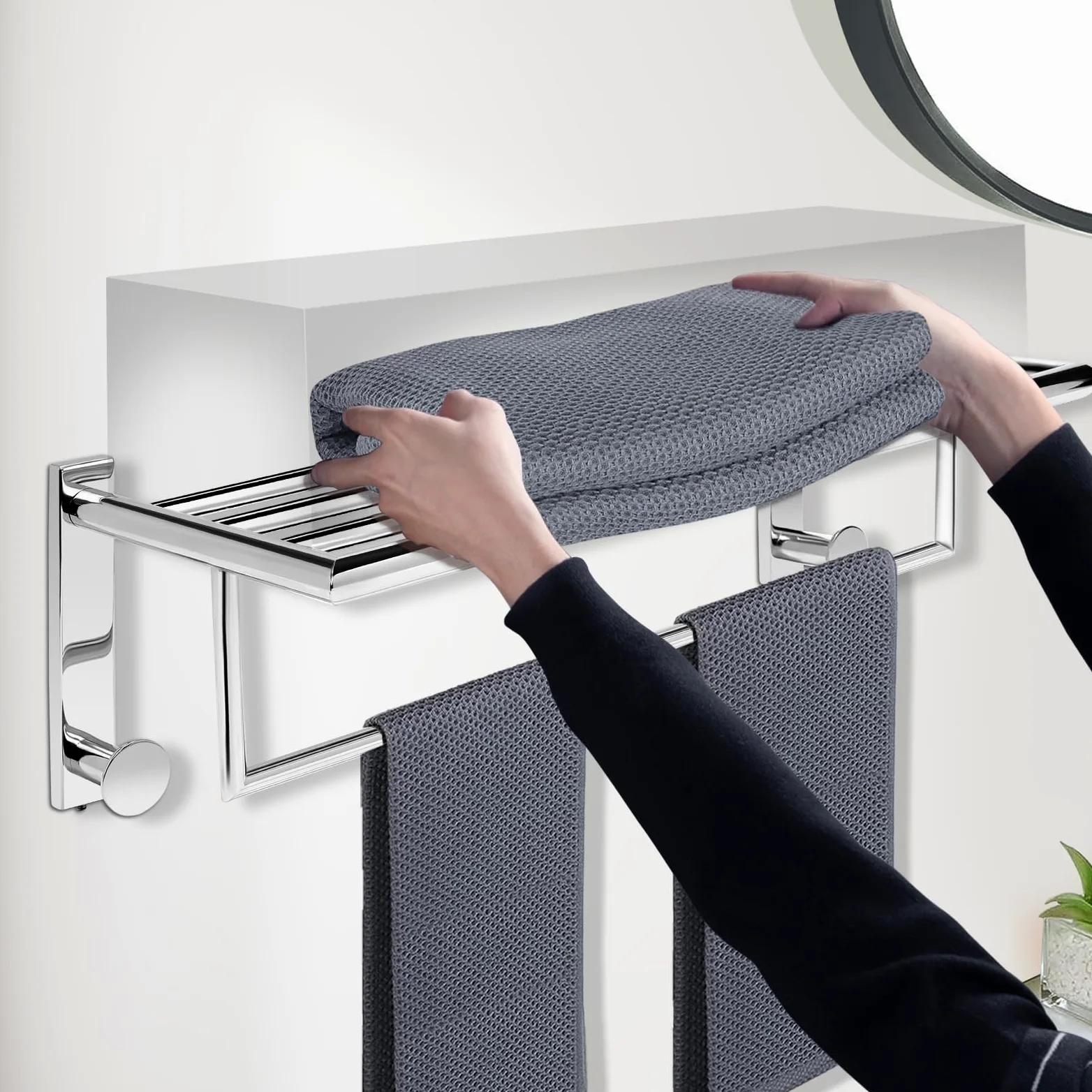 QL Portasciugamani Bagno da Parete,Mensola Porta Asciugamani con 2 Ganci,Acciaio Inossidabile 50cm,Argento