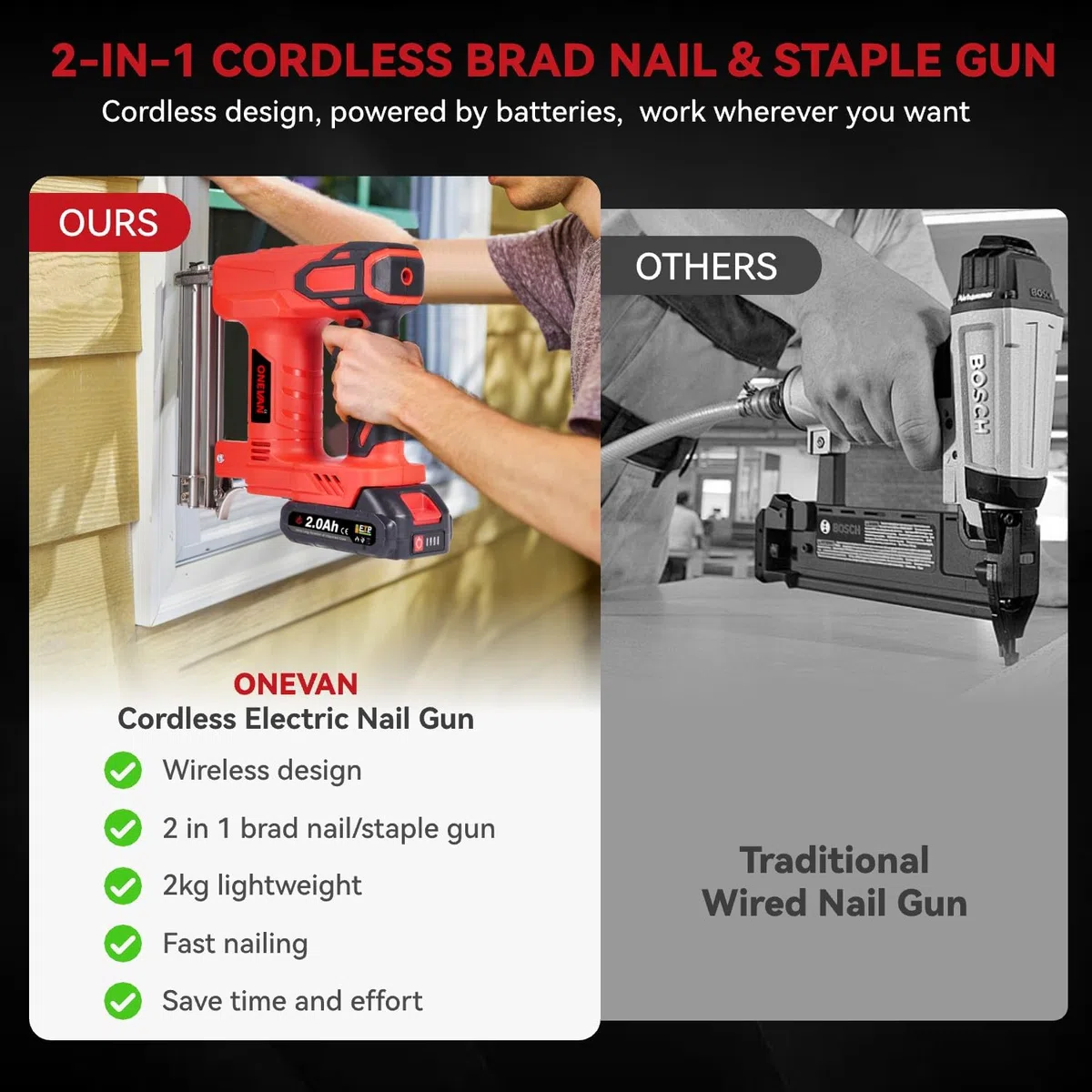 ONEVAN Tacker elettrico a batteria e pistola per unghie, 2 in 1 e chiodatrice a batteria con 2 batterie da 2000 mAh, 80 chiodi/min, per legno, con 100 chiodi da 30 mm e 100 graffette da 22 mm
