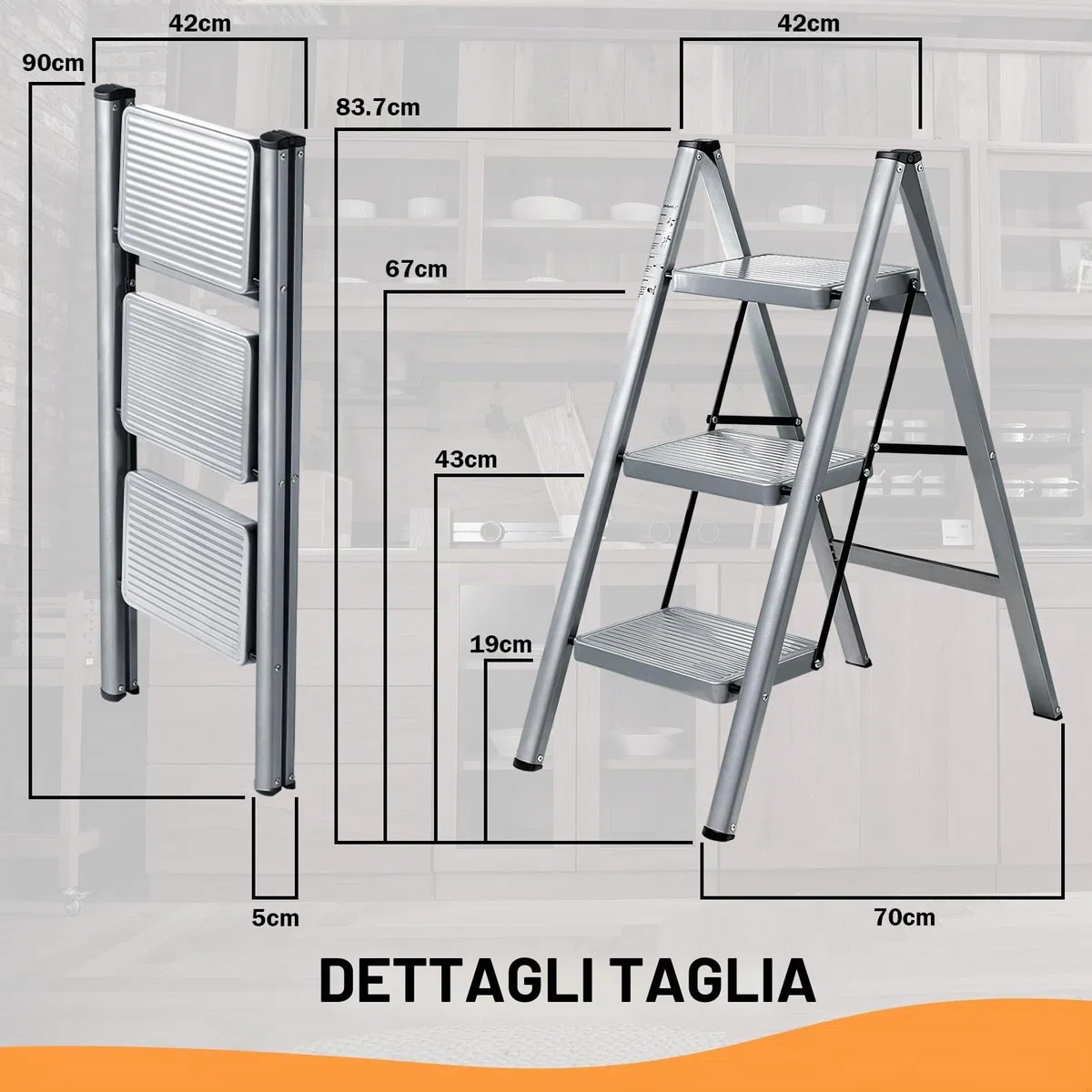 XinSunho Scala a 3 Gradini, Scaletta Pieghevole, Scaletto Domestica con Gradini Antiscivolo, Leggera e Compatta, Carico 150kg, Scaletto Portatile in Acciaio, Grigio