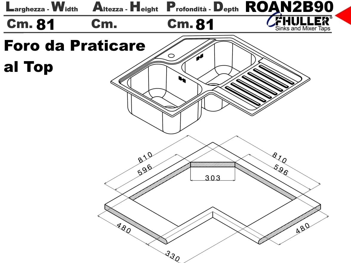 Lavello da Cucina Angolare FHULLER ROAN2B90, 83x83 cm, 2 Vasche, Acciaio Inox con Gocciolatoio