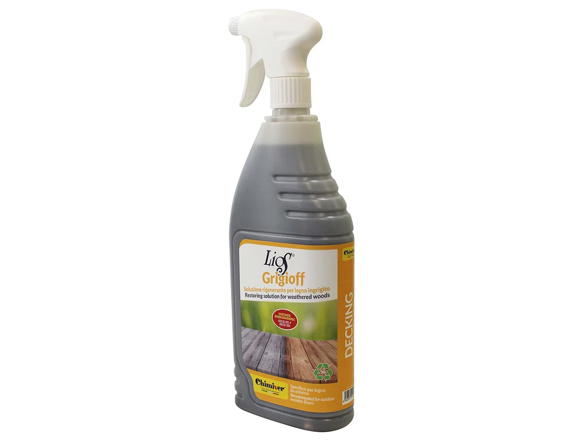 Chimiver LIOS GRIGIOFF - Detergente Rigenerante per Decking, Legno ingrigito. Trattamento adatto alla pulizia di tutte le superfici in legno da esterno. | Flacone con nebulizzatore da 1L.