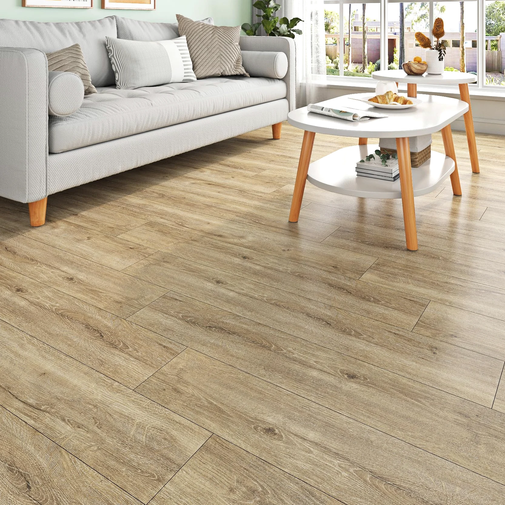 Livelynine Pavimento PVC Adesivo Effetto Legno - Listoni Finto Parquet Laminato 90x15 Pavimento Adesivo Legno Quercia Piastrelle Adesive Pavimento Bagno Cucina Linoleum per Pavimenti Chiaro, 18 Pezzi