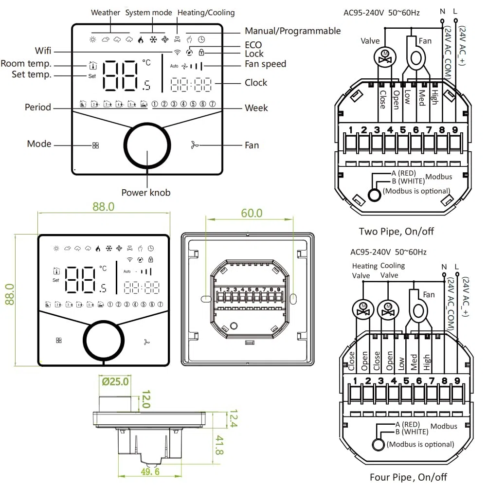 Termostato Intelligente WiFi 2 Tubi per Condizionatore Fan Coil con Connessione WiFi per Supporto Vocale Intelligente Termostato Regolatore