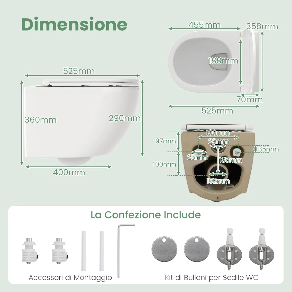 COSTWAY Sanitari Bagno a Muro, Sanitari Bagno Sospeso con Sistema di Doppio Scarico, Meccanismo di Chiusura Ammortizzata e Accessori di Montaggio, Facile da Pulire