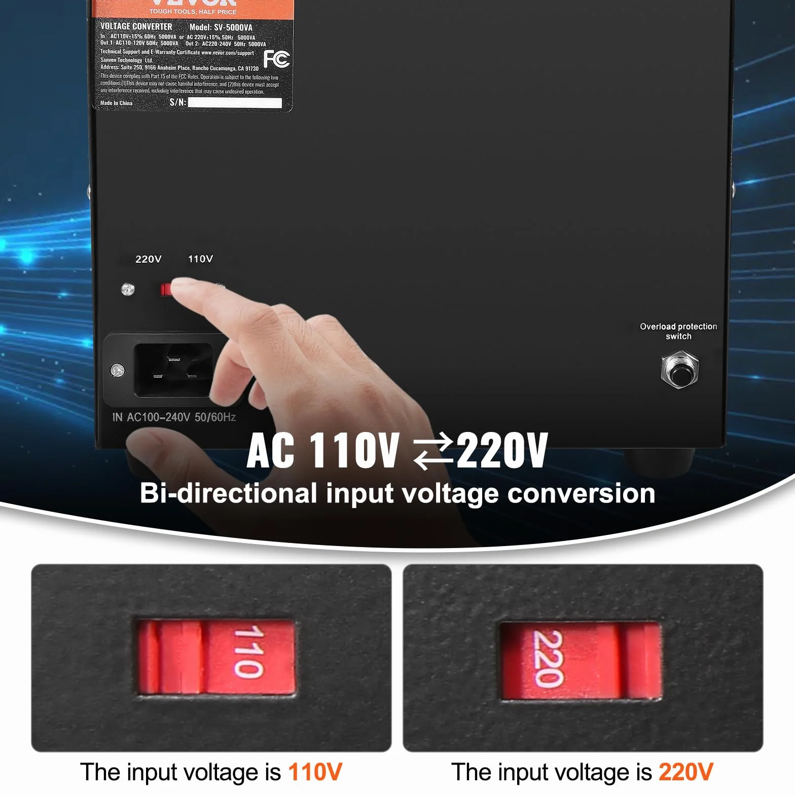 VEVOR Convertitore di Tensione Step Up/Down Portatile 110V-220V / 220V-110V Potenza da 5000VA, Trasformatore di Tensione 5000VA Portatile 270x240x215 mm 6 Spine, Convertitore di Tensione 5000VA USB 5V