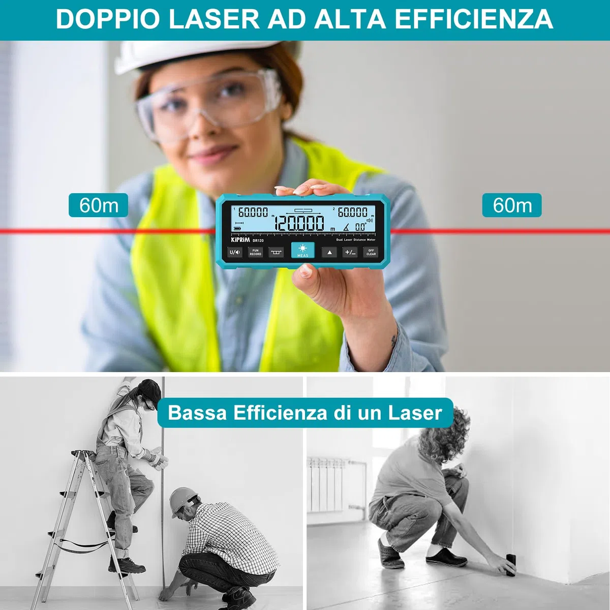 KIPRIM Telemetro Laser 120m, Doppio Raggio Bidirezionale, Linea Laser Verticale, Livella Elettronica, Ricaricabile USB-C, Unità M/FT/IN - DR120