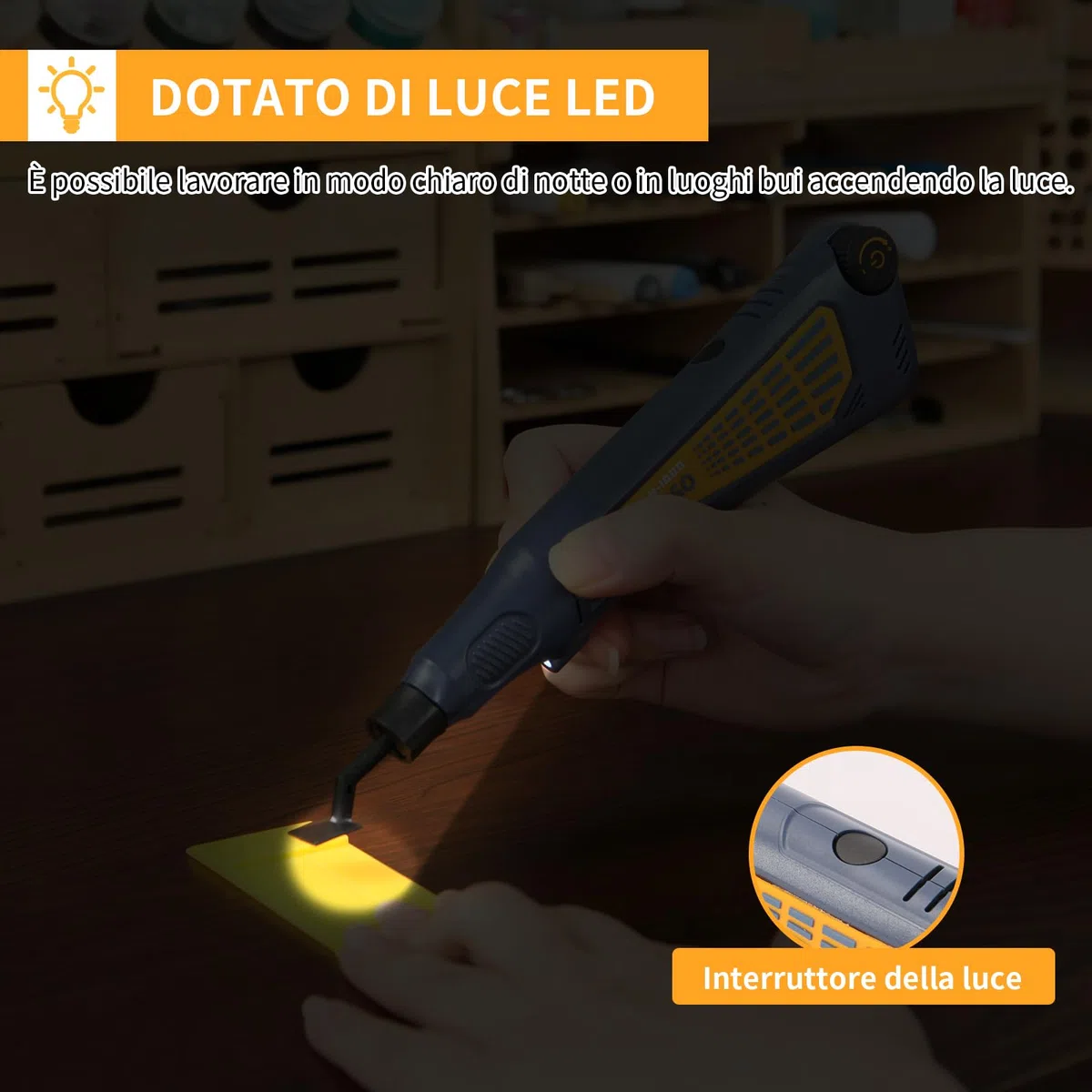 Levigatrice a penna senza fili, velocità variabile e ricarica USB con luce LED, utensile elettrico multiuso per levigatura, lucidatura, finitura, artigianato fai da te (Blu)