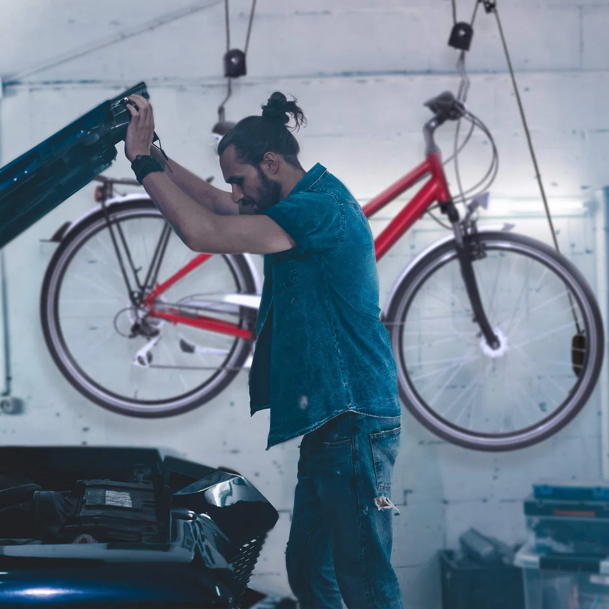 Relaxdays 4X Portabici da Soffitto Fino a 30 kg, Appendi Bicicletta a Carrucola, Garage e Cantina, Ganci di Supporto, Nero