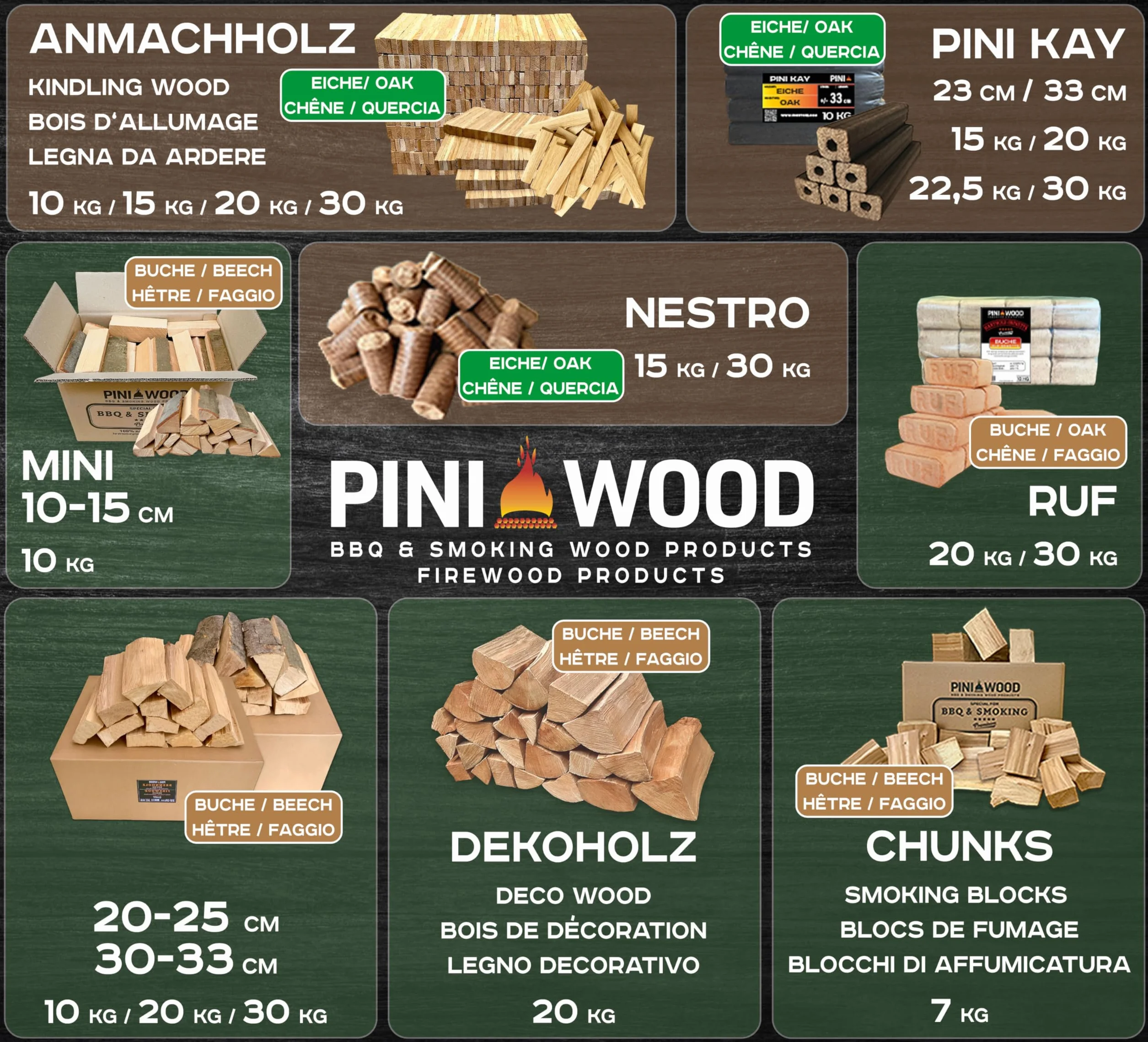 PINI - Legna decorativa Buche senza corteccia 20 kg, Legna da ardere di alta qualità per camino, barbecue e fuoco aperto
