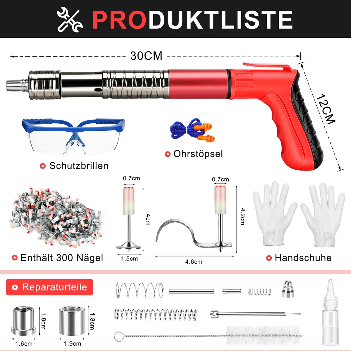 Pistola sparachiodi manuale, Pistola manuale a 5 velocità Pistola sparachiodi con 100 chiodi a testa tonda + 100 fascette per tubi,pistola sparachiodis portatile per calcestruzzo e acciaio, soffitto