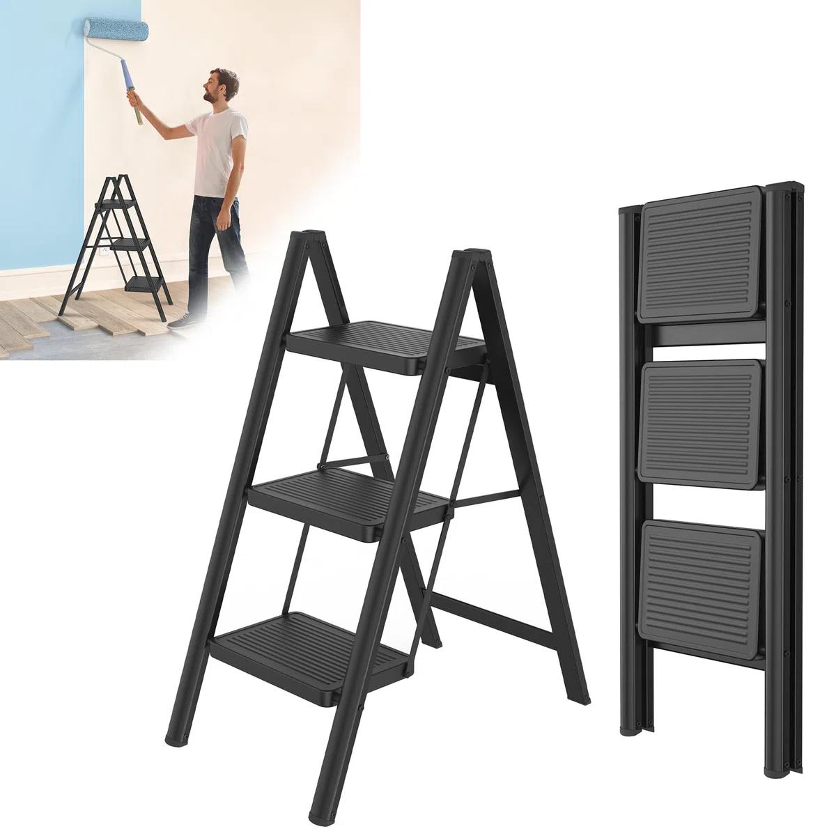 Froadp Scala pieghevole a 3 gradini, antiscivolo, in ferro, multifunzionale, per la casa, la cucina e l'esterno, con portata fino a 250 kg
