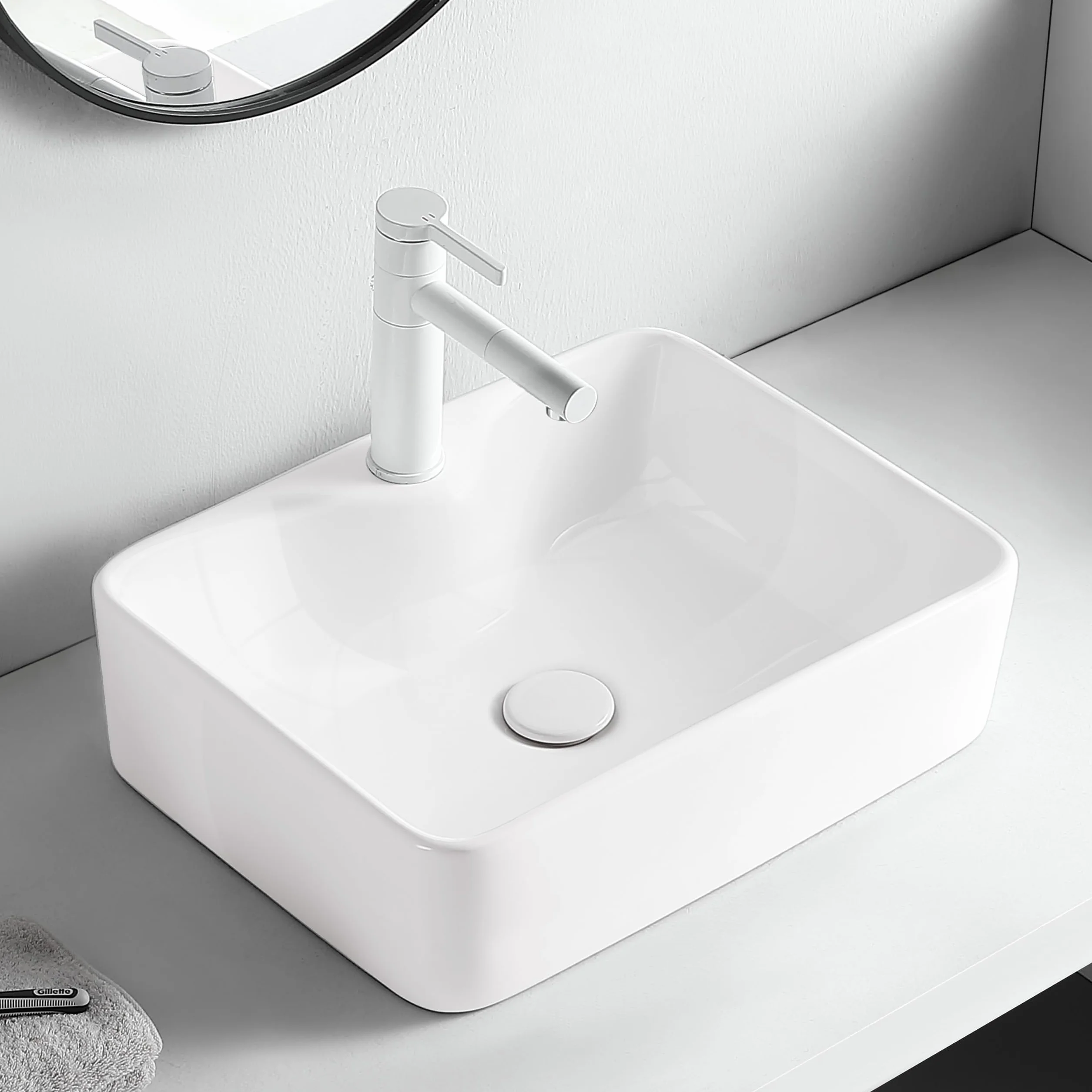 AQUAUNO - Lavabo da Appoggio KAIA 49 x 38 cm, Rettangolare, in Ceramica Bianca con Foro per Rubinetto senza Troppopieno