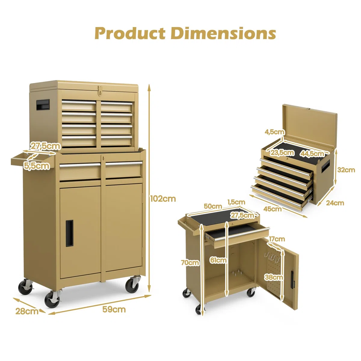 SOARS Carrello Porta Attrezzi con Ruote, 5 Scomparti, 2 Ripiani, Porta Attrezzi da Lavoro Rimovibile & Carrello Inferiore, Bloccabile, 59 X 28 X 102 CM, per Garage, Officina, Casa (Giallo)