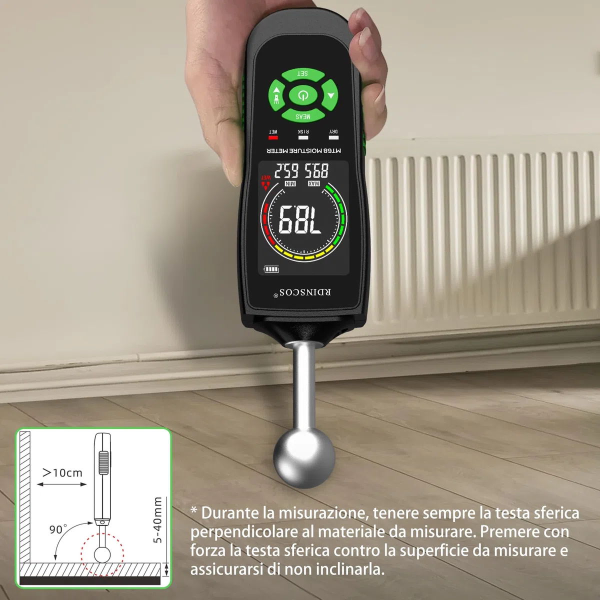 Misuratore Umidità Muri, RDINSCOS Rilevatori Di Umidità Igrometro Professionale Senza Ago con Funzione di Allarme Analisi Della Profondità di 5-40 mm,per Parete, Legno,Intonaco,Muratura (MT68)