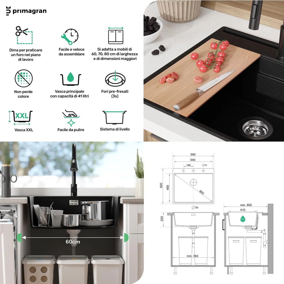 PRIMAGRAN Lavandino da Cucina Beige - Oslo Top, 58x50cm | Lavello in Granito a 1 Vasca + Rubinetto 40x20cm + Zuberhor-Set, Lavabo da Cucina Incasso al Mobile 60cm (S378)