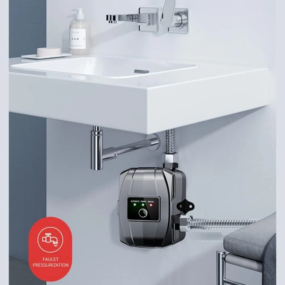Pompa di aumento della pressione, 24 V, pompa di aumento dellacqua domestica, automatica, mini pompa per doccia calda e fredda con accessori di installazione per acqua di rubinetto, WC, bagno, 150 W
