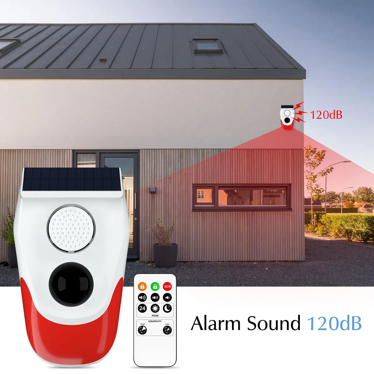 Sistemi di sicurezza domestica, allarme solare con sensore di movimento con monitoraggio remoto, allarme esterno resistente alle intemperie, 120 dB 24 ore 3 modalità, 2 Confezione