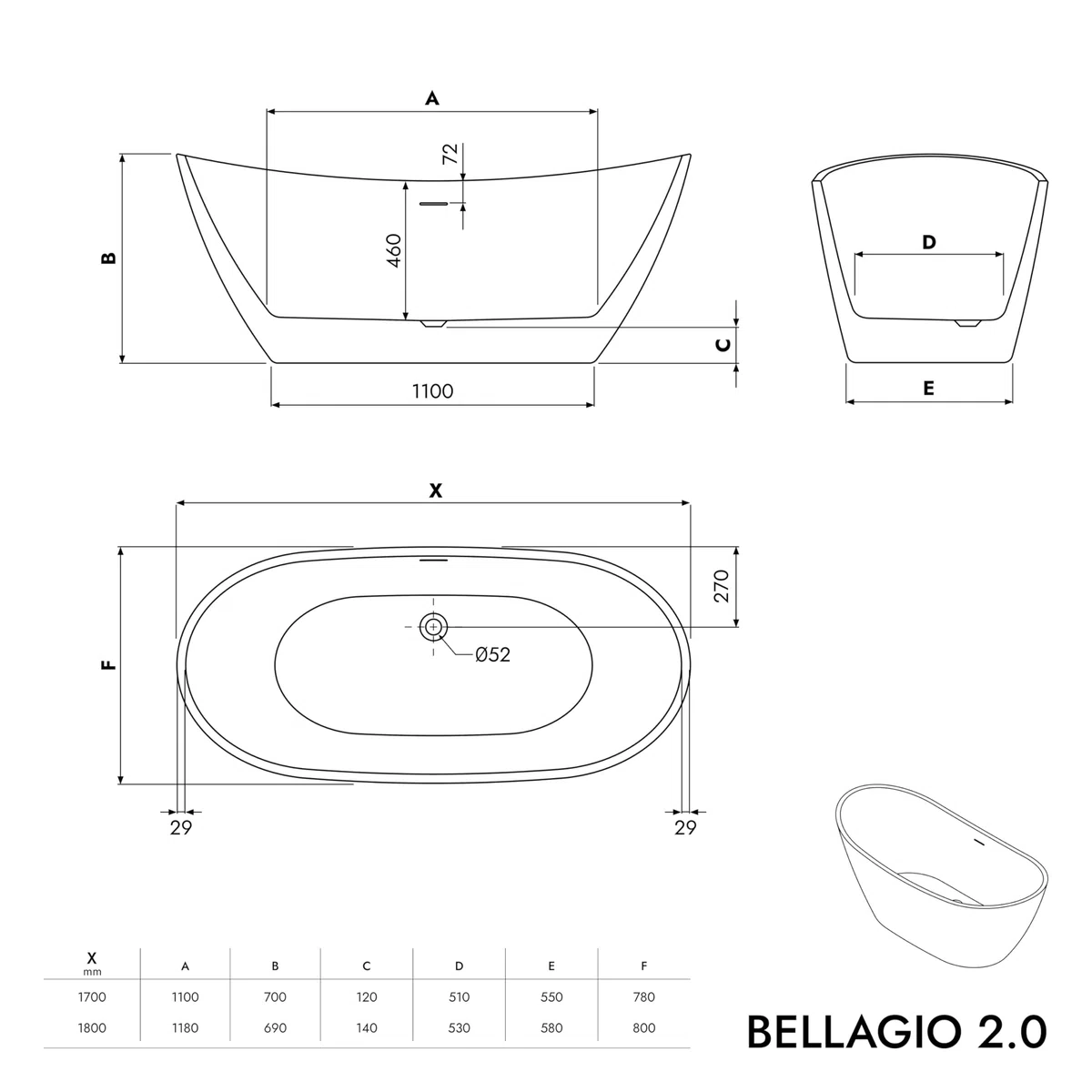 Vasca da bagno freestanding BELLAGIO 2.0 acrilico - dimensioni e colore a scelta, Colore:Bianco lucido, Dimensioni:180x80 cm