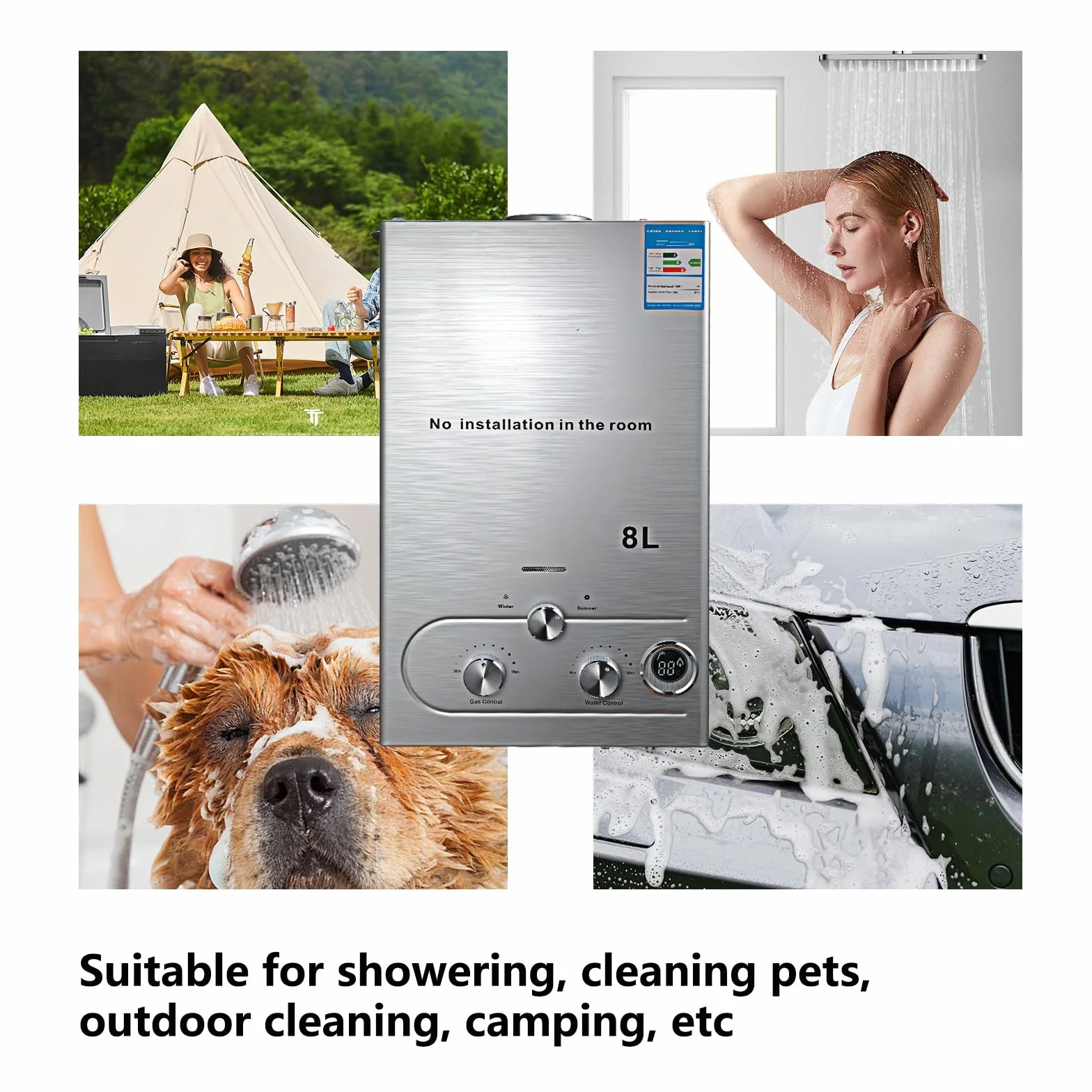 Scaldacqua a gas propano GPL,6L/8L, scaldabagno istantaneo a gas, con modalità inverno ed estate, 16 kW 2800 Pa, scaldabagno senza serbatoio con kit doccia, protezione contro il surriscaldamento (6L)