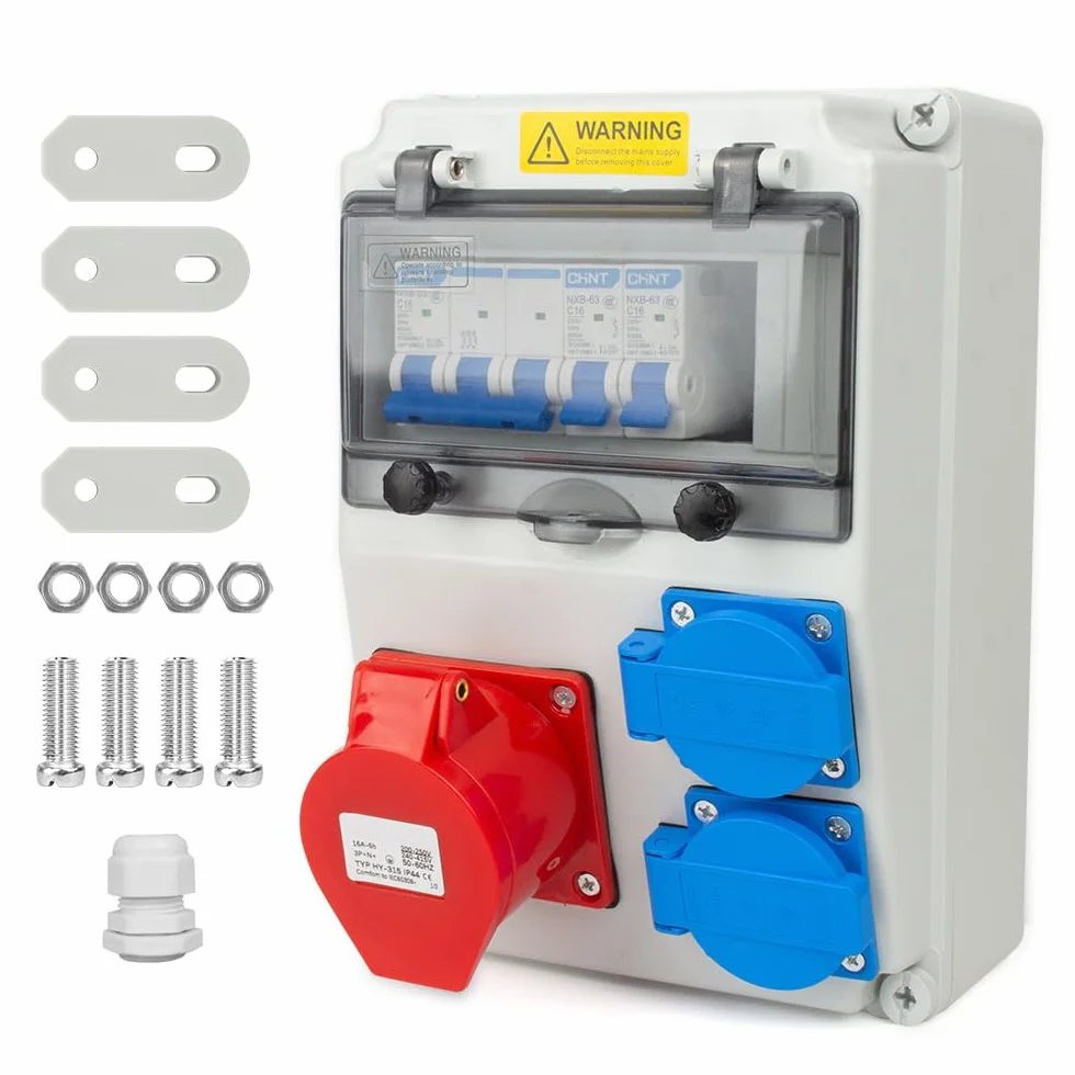 Distributore di Corrente 230 V, Copri Quadro Elettrico con Prese 2x230V e 1xCEE 16A Cablate, Quadro Elettrico da Cantiere IP44 con Interruttore Ls, Distributore Quadri Elettrici