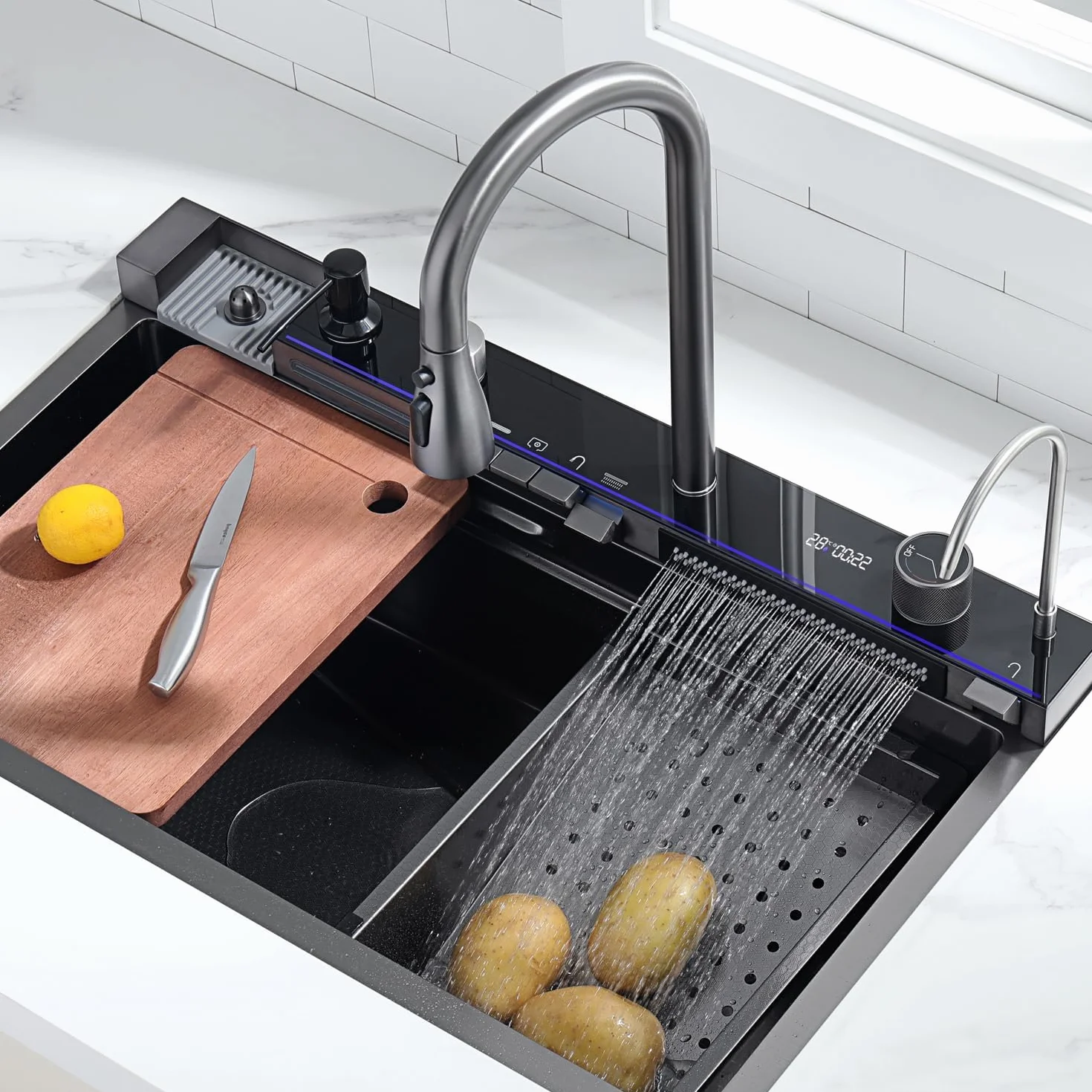 Lavello da cucina, in acciaio inox T304, lavello da cucina multifunzionale, lavandino a cascata, da incasso, con rubinetto digitale multifunzionale, vari accessori (80 x 45 cm)