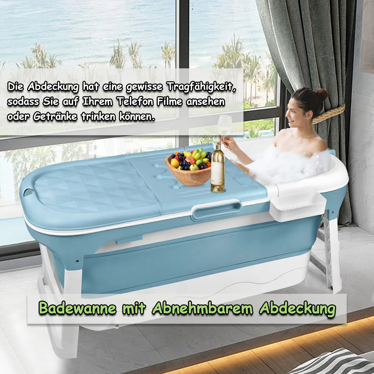 Froadp 128x60x53cm Vasca da Bagno Pieghevole con Rivestimento Sfoderabile per Adulti Bambini Doccia Vasche da Bagno Pieghevole Portatile Mobile con Corrimano per Interni Bagni Piccoli o Esterni