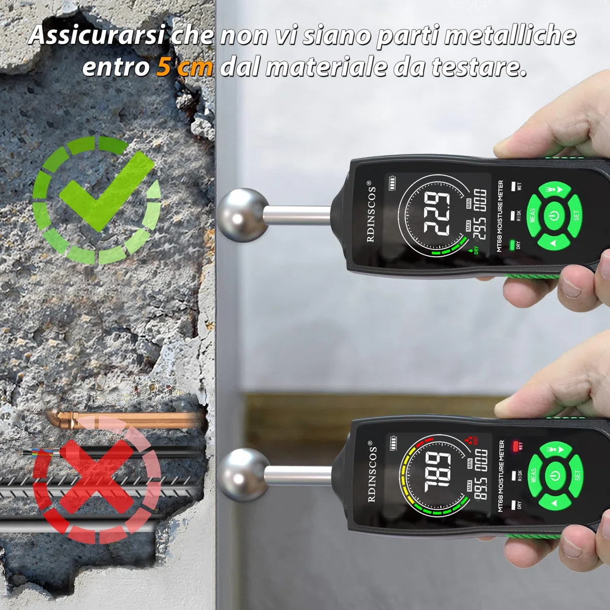 Misuratore Umidità Muri, RDINSCOS Rilevatori Di Umidità Igrometro Professionale Senza Ago con Funzione di Allarme Analisi Della Profondità di 5-40 mm,per Parete, Legno,Intonaco,Muratura (MT68)