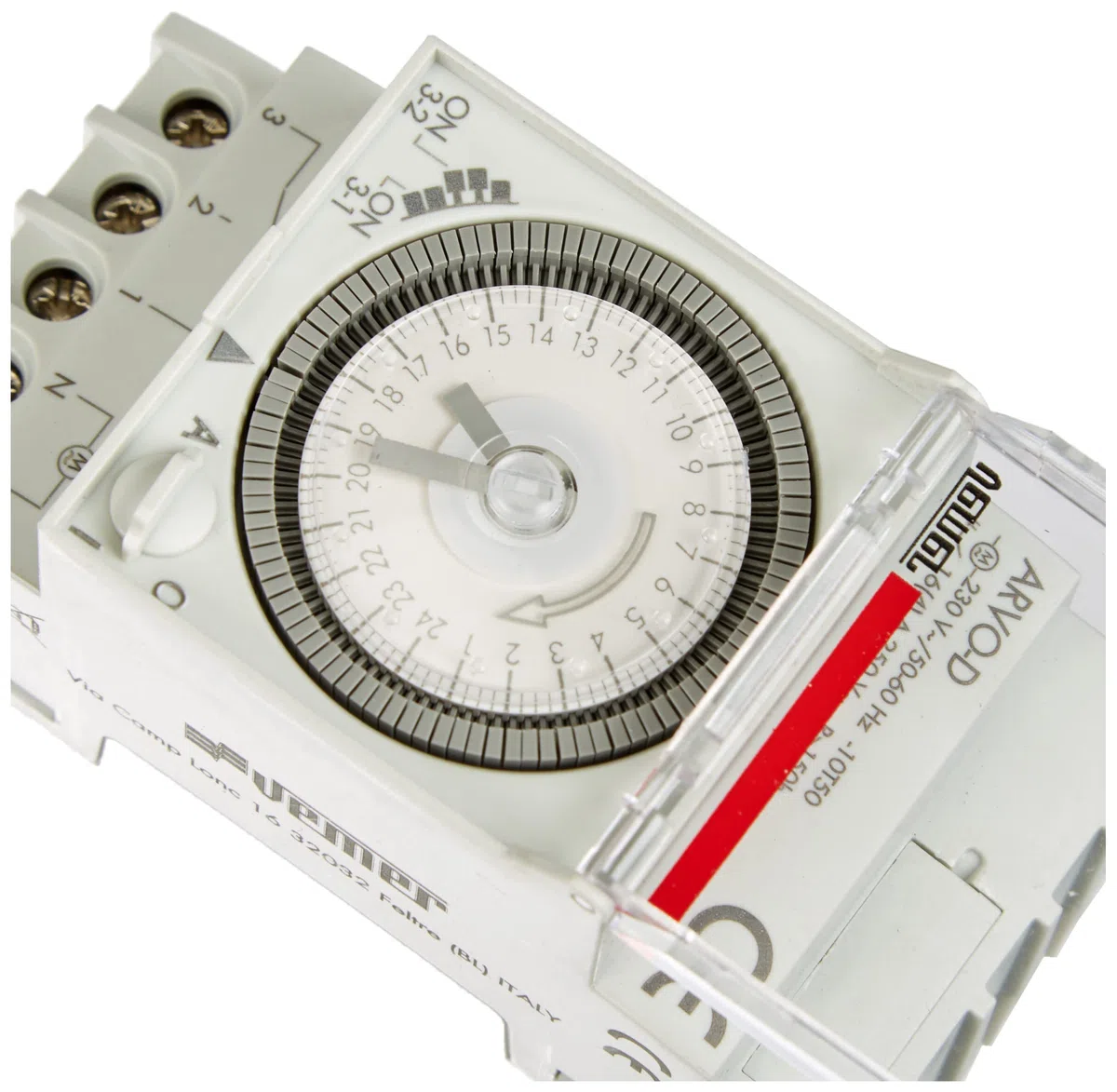 VEMER VP882500 ARVO-D - Interruttore Orario Elettromeccanico a Cavalieri con Batteria Sostituibile, Programmazione Giornaliera, 2,5 Moduli DIN, Grigio