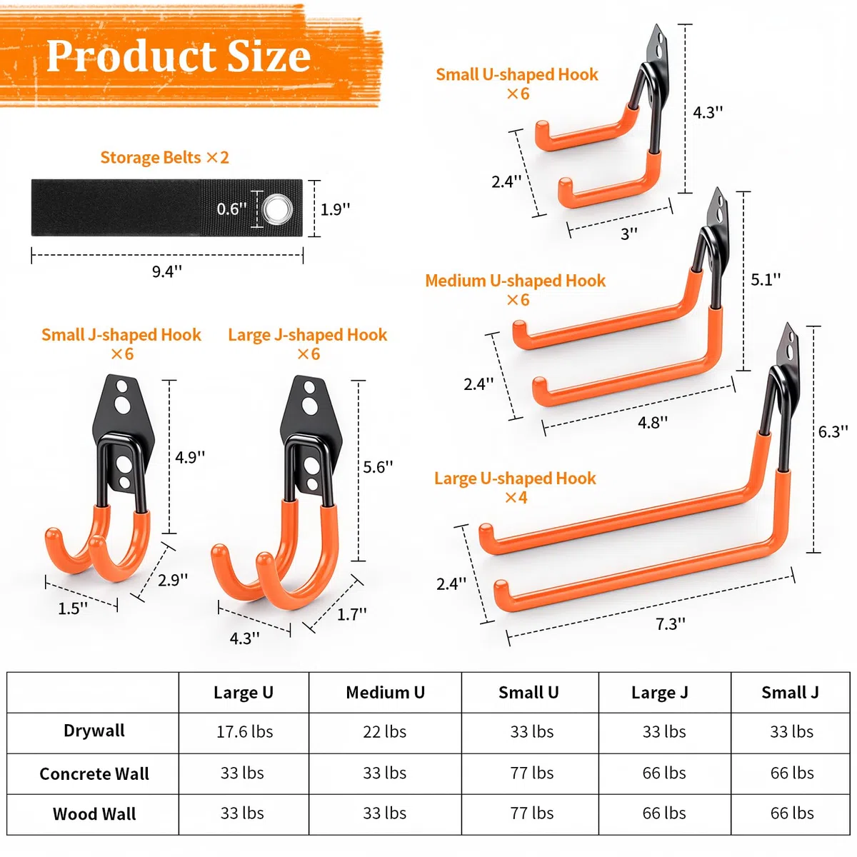 Housolution Ganci per Garage in Acciaio, 30 Pz Rivestimento Antiscivolo, Ganci a Parete per Bici, Strumenti Giardino, Scale, Tubi, Corde, Organizzatore con Avvolgicavo Extensibile, Arancione