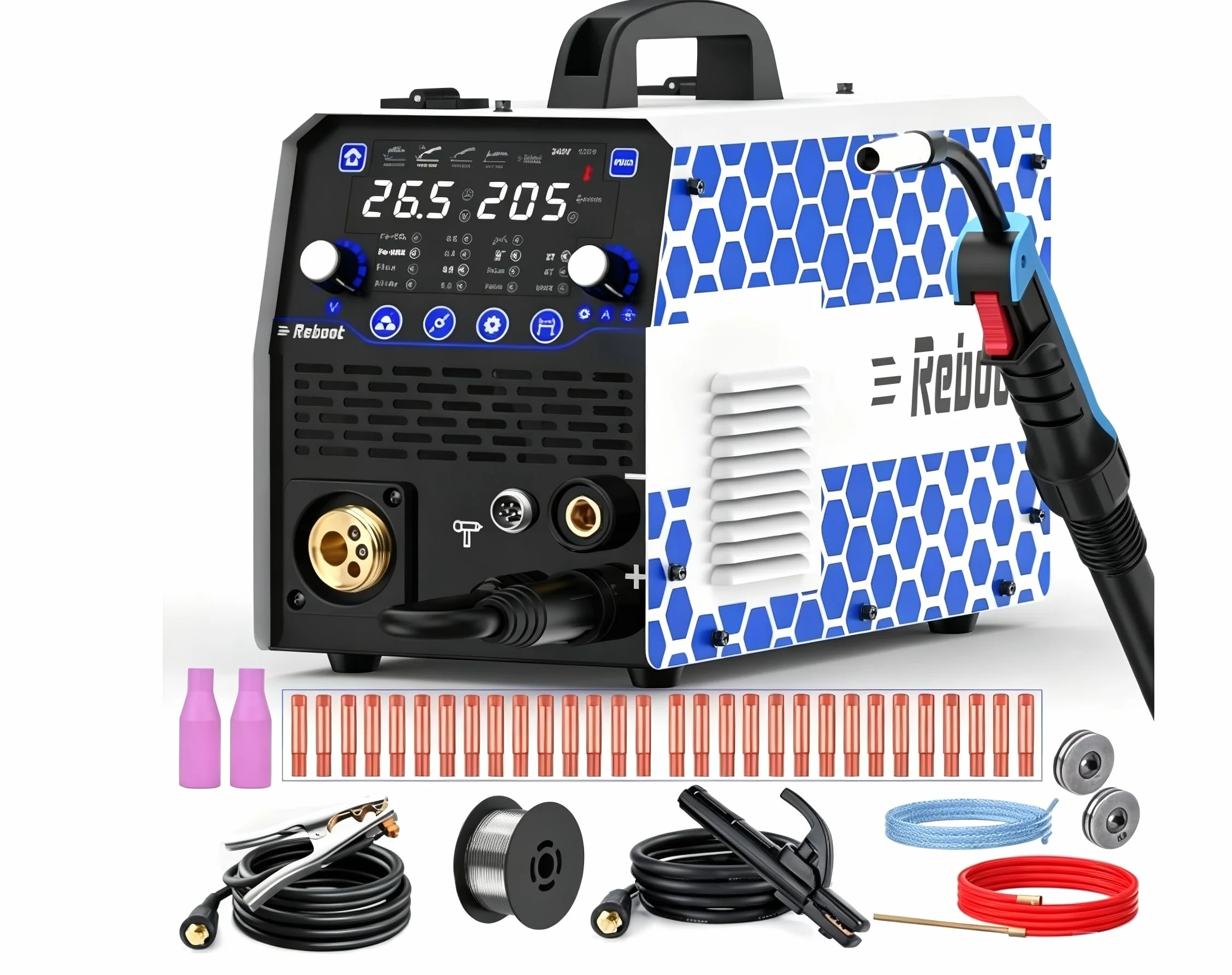Saldatrice 7 in 1 205A MIG/MAG con/senza gas MMA Lift-TIG(esclusa) Punto Pronta Alluminio Display Digitale 240V per Fai da Te Officina - RBM205PRO