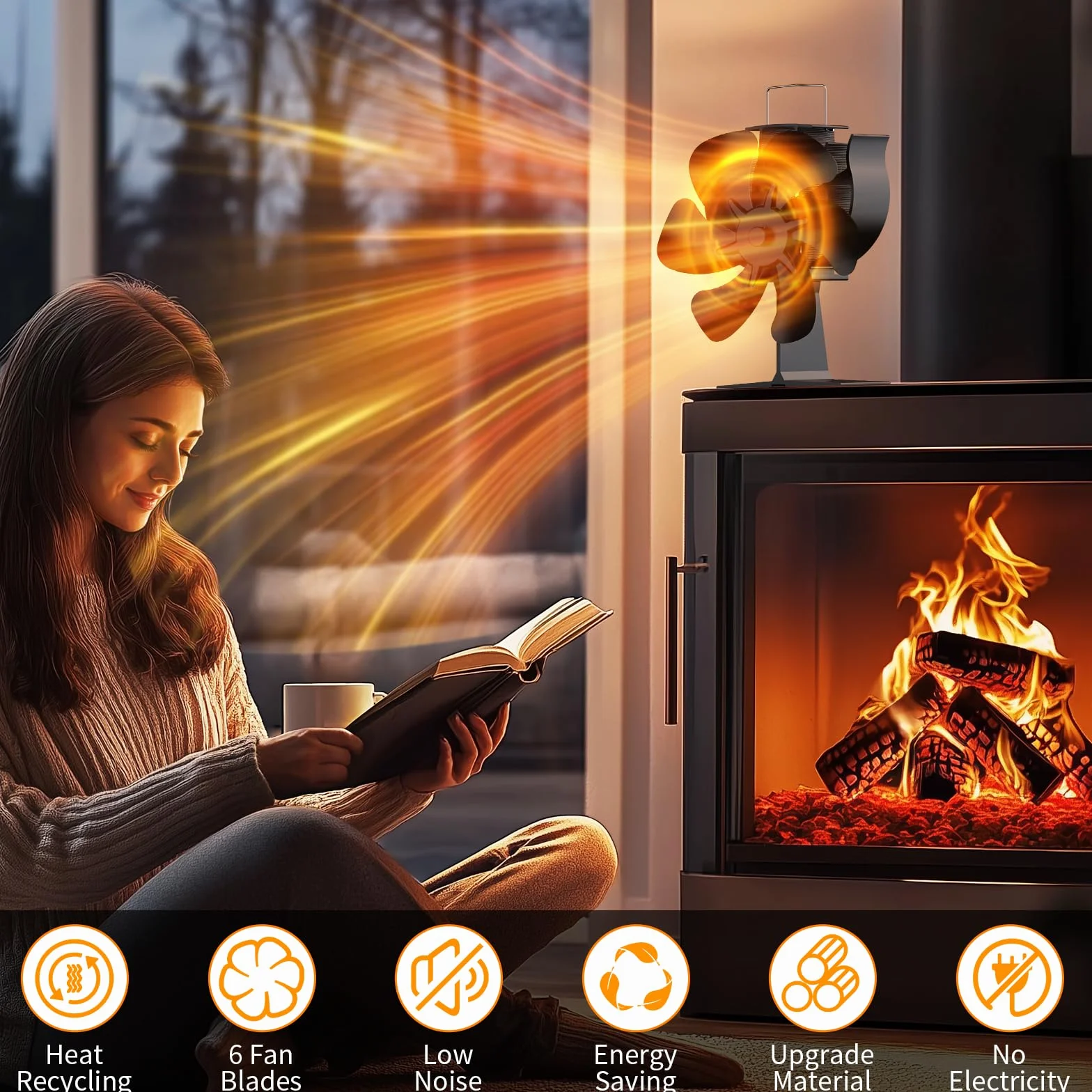 Ventilatore Per Stufa a Legna, Ventilatore per camino con 6 pale, Ventola da Caminod Silenzioso Alimentato Calore, Ventilatore Camino Stufa per Legna e Camino Pellet