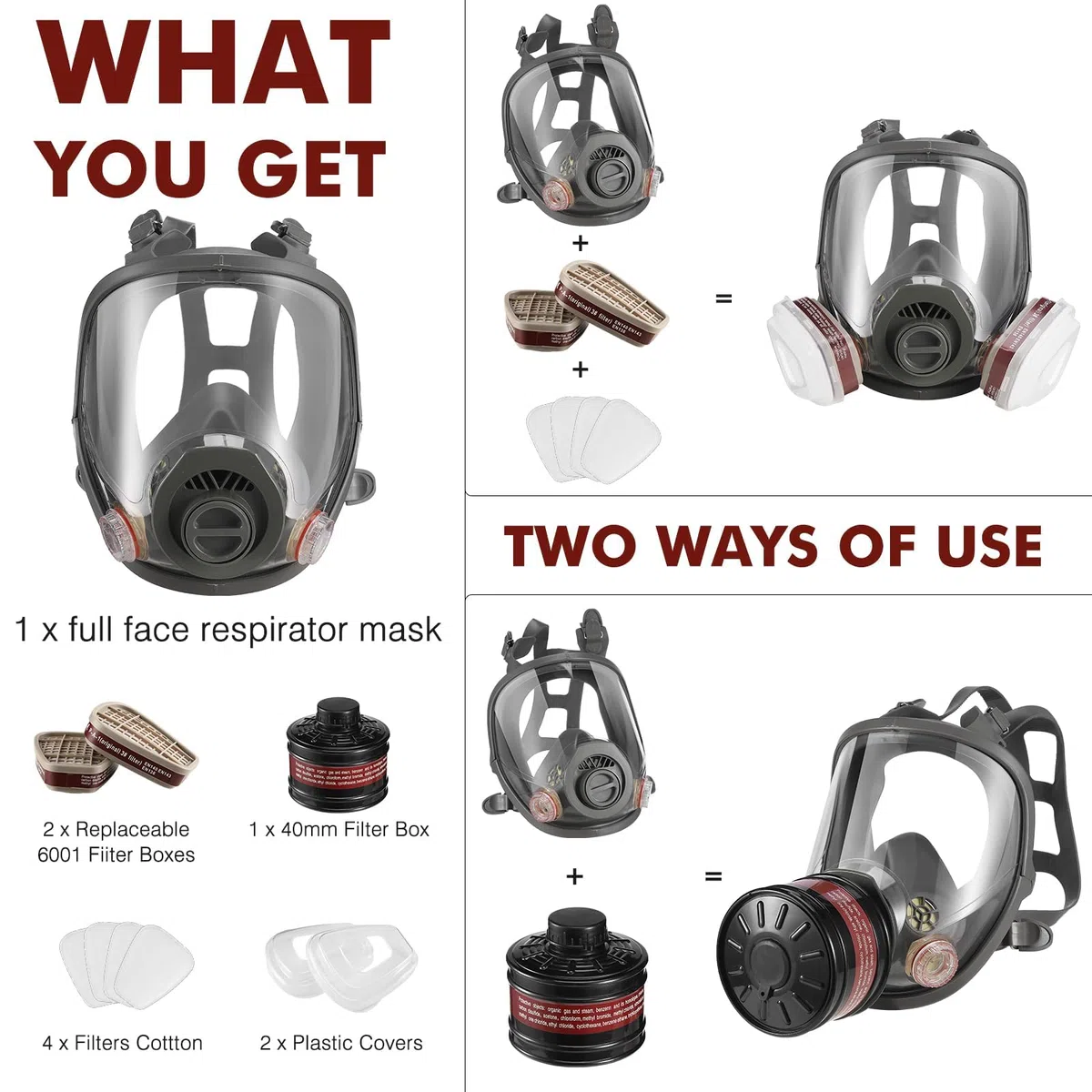 Maschera a gas per il viso, respiratore con filtro a carbone attivo da 40 mm e filtri 6001CN, maschere antigas contro polvere, vernice, lucidatura, saldatura, vapore organico, prodotti