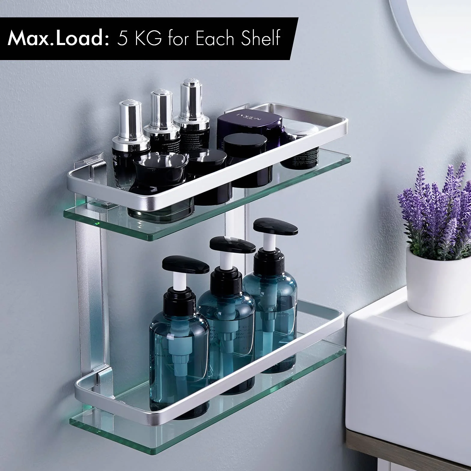 KES Mensola da Bagno Alluminio Mensole Doccia Parete 2 Ripiani 8 mm vetro temperato extra spesso rettangolare Argento, A4126B