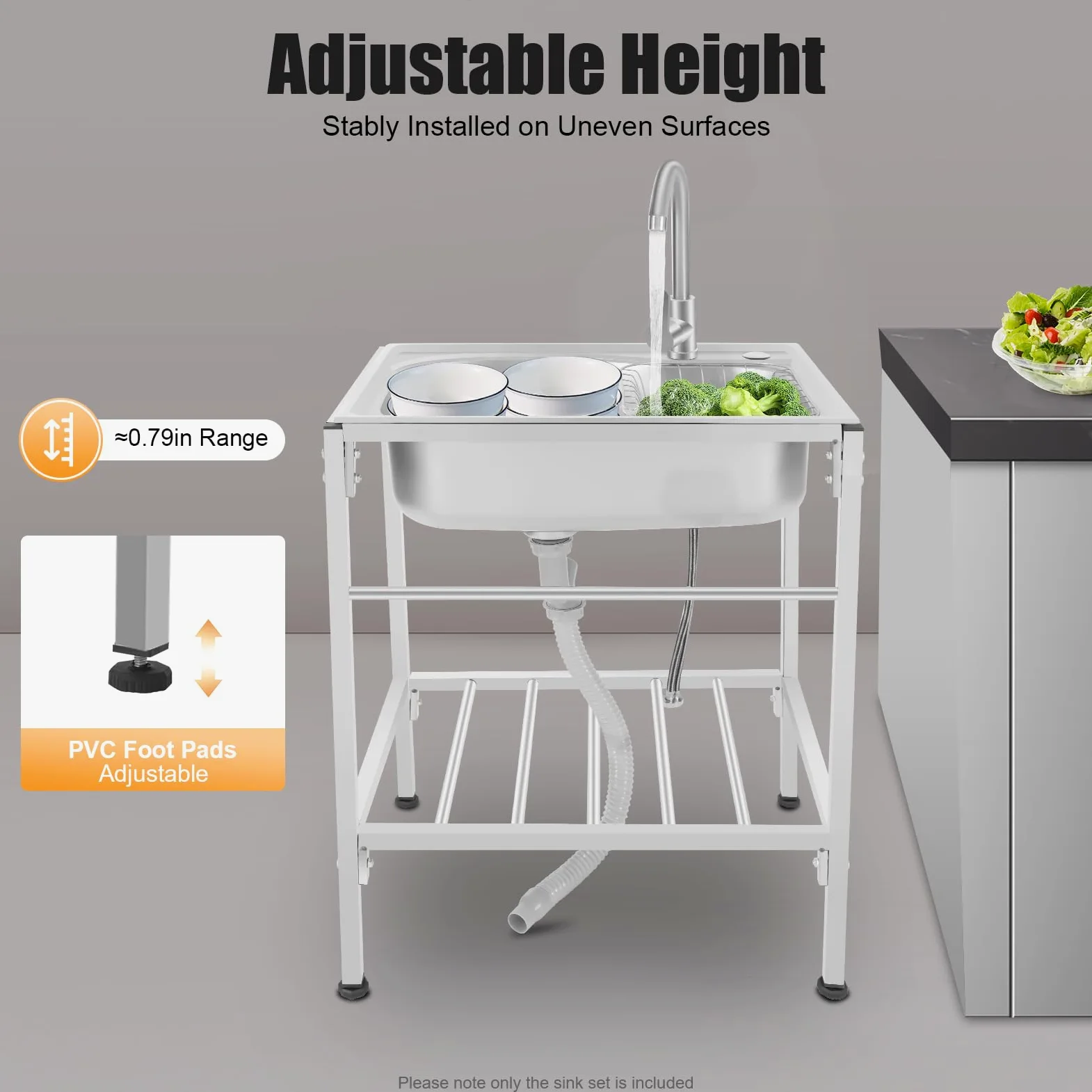 Lavandino da cucina, in acciaio inox, lavabo, multifunzione, 1 lavandino, ristorante, per esterni e campeggio