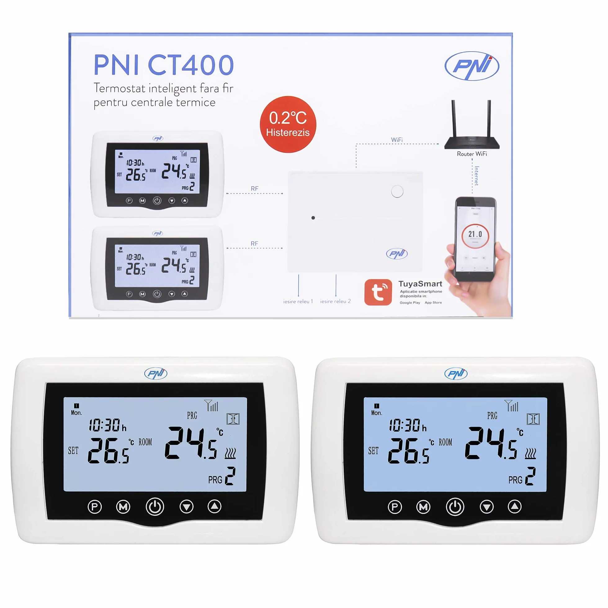 Termostato intelligente PNI CT400 wireless, con WiFi, controllo 2 zone via Internet, per centrali termiche, pompe, elettrovalvole, APP TuyaSmart, histerezis 0,2 gradi C