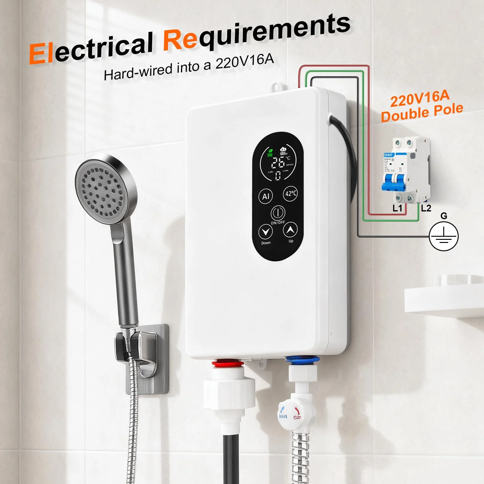 Scaldabagno elettrico, 5500 W, 220 V, indicatore della temperatura, unità integrata, controllo intelligente, mini scaldabagno, adatto per doccia e bagno