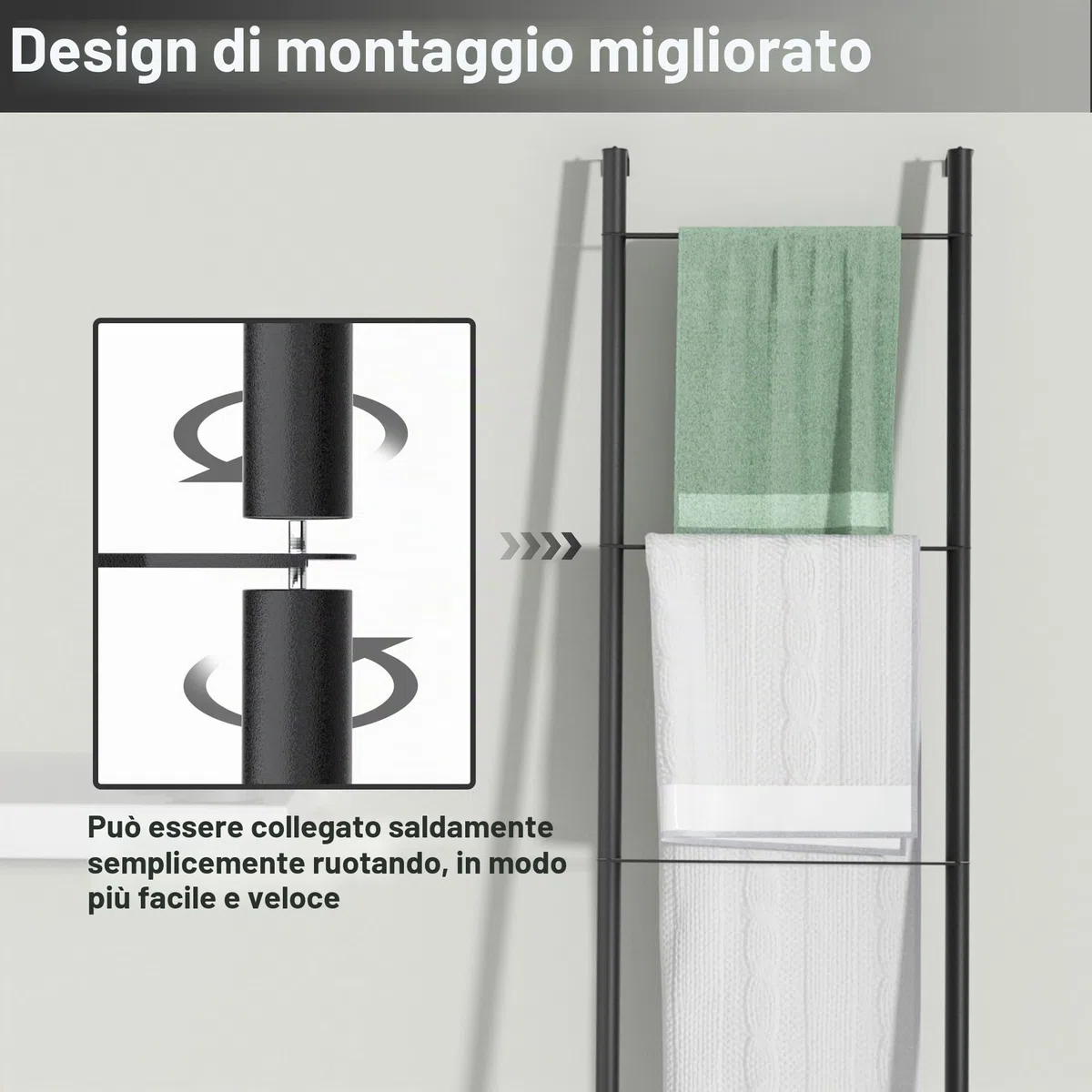pickpiff Scala in metallo nero, autoportante, da parete, per bagno, soggiorno, cucina, supporto per asciugamani, coperte, coperte (4 ripiani, nero)